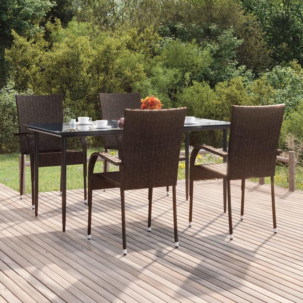 Garden Dining Set Brown PE Rattan, Large Stackable Outdoor Table and Chairs, Patio Furniture Set, 5-Piece Rectangular, Weather-Resistant for Balcony, Deck, Poolside