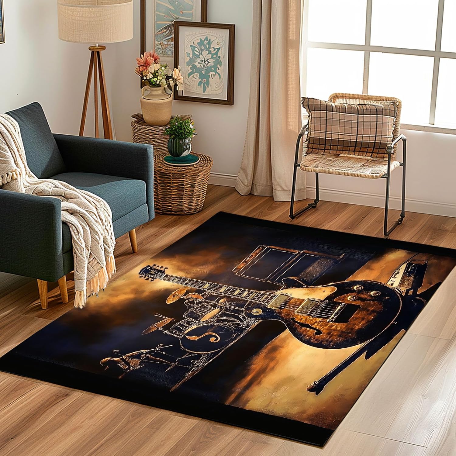 Vintage Music Rug for Living Room, Electric Guitar Drum Kit Rug for Bedroom, 4x5 Area Rugs, Rock Instrument Carpet, Office Dining Room Throw Rugs, Machine Washable, Non Slip, Low Pile