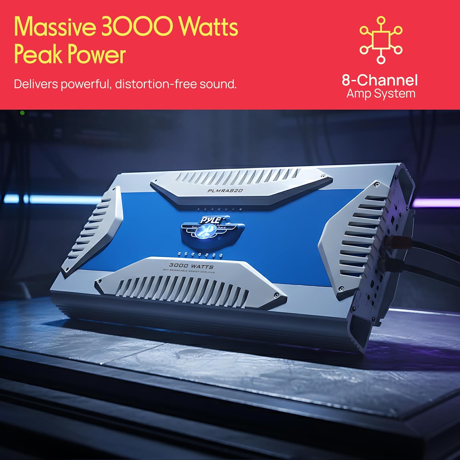 Pyle Hydra Marine Amplifier - Upgraded Elite Series 3000 Watt 8 Channel Bridgeable Amp Tri-Mode Configurable, Waterproof, MOSFET Power Supply, GAIN Level Controls and RCA Stereo Input - PLMRA820