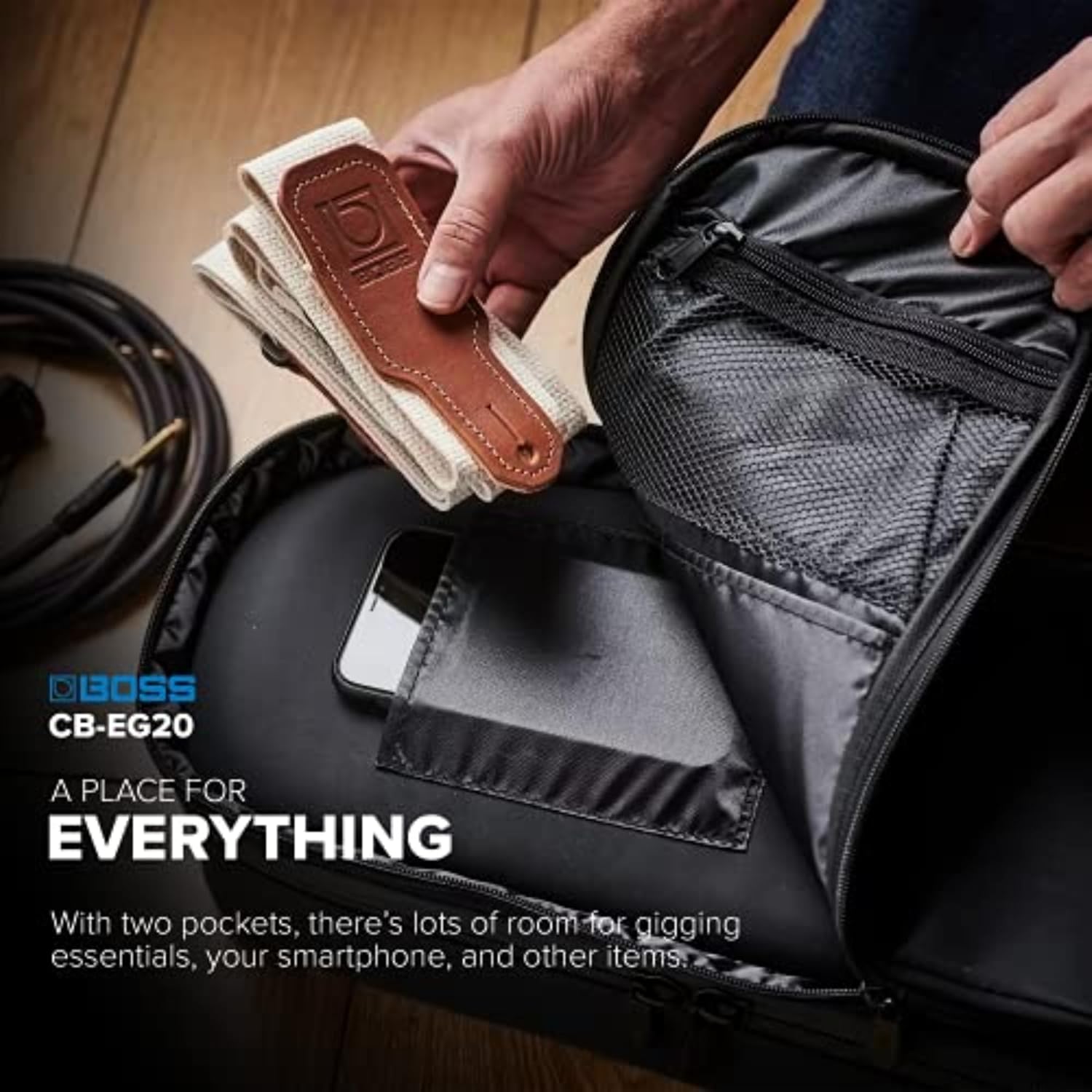 BOSS CB-EG20 – Premium Protection, Lightweight Semi-Rigid Guitar Gig Bag – Thick Internal Padding – Backpack Straps for Easy Transport – Accessories Pockets and Heavy-Duty Zippers