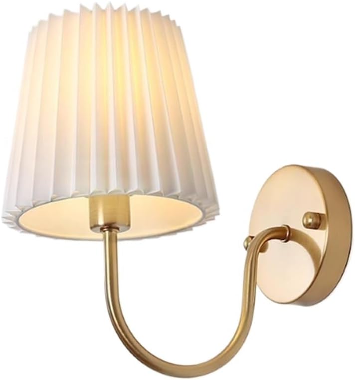 Retro Industrial Wall Sconce Gold Finish Candlestick Wall Light with Pleated Fabric Shade, Mid-Century Wall Lamp for Bedside, Living Room, E14 Lighting Fixture
