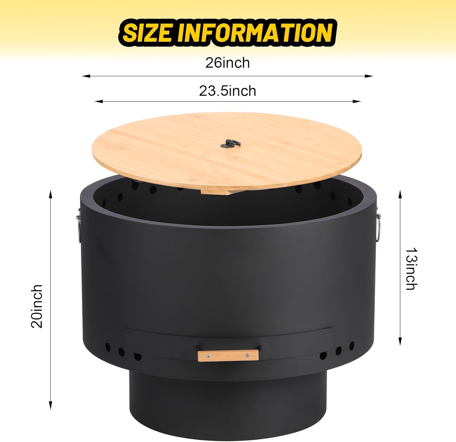 GarveeLife 26 in Smokeless Fire Pit with Removable Ash Pan, Wood Burning Firepit Table with Lid&Fire Poker,Smokeless Outdoor Fireplace with Dust Bag, Outdoor Fire Pits for BBQ, Table, Bonfire, Camping