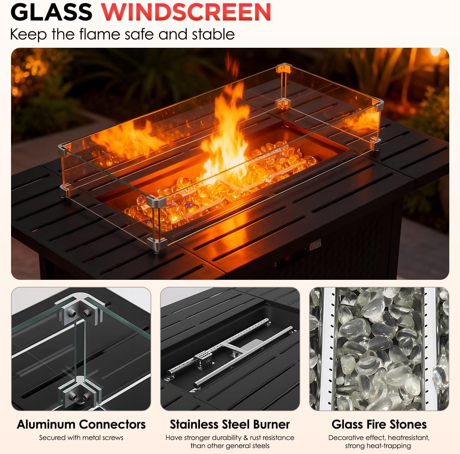 FDW 43 Inch Outdoor Propane Fire Pit Table with Glass Wind Guard, Rectangular Patio Fire Table, 50,000 BTU Smokeless Gas Firepit for Backyard, Garden & Poolside