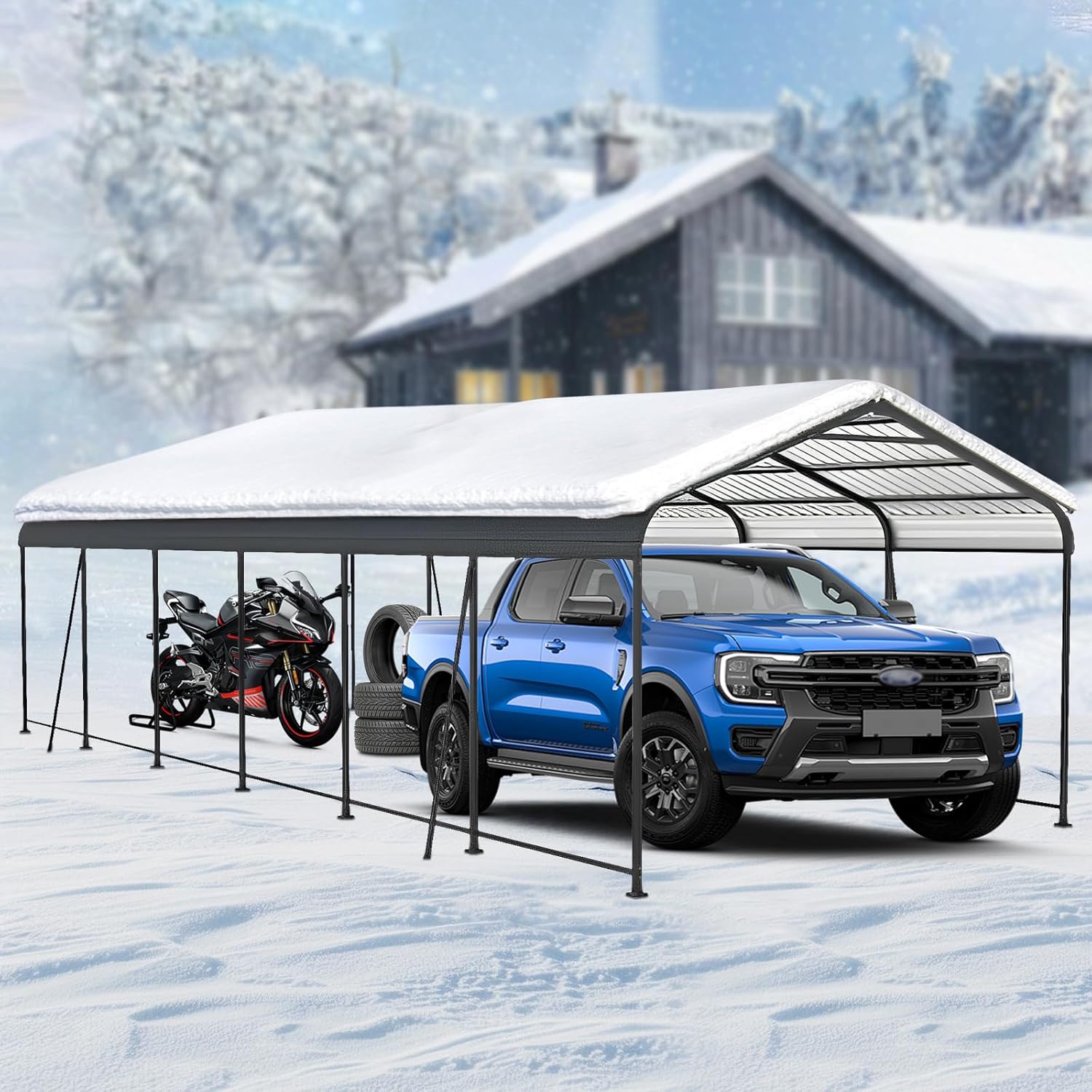 12 x 32 FT Heavy Duty Metal Carport – Galvanized Steel Carports Canopy & Frame, All-Weather Portable Car Garage Shelter for Car, Pickup Truck, RV, Boat, and Outdoor Storage (Charcoal)