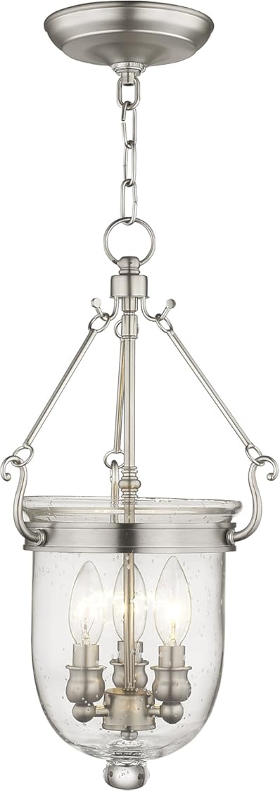 Livex Lighting 5083-91 Jefferson 3 Light Brushed Nickel Bell Jar Hanging Lantern with Seeded Glass