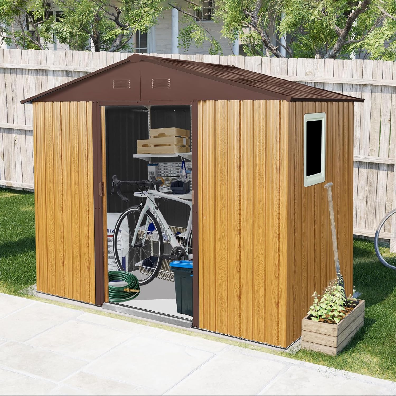89in*47in Heavy-Duty Outdoor Metal Storage Shed with Floor Foundation & Window - Galvanized Steel Tool Shed, Tiny Home Backyard Solution w/Lock, Shelves & Anchors,Coffee