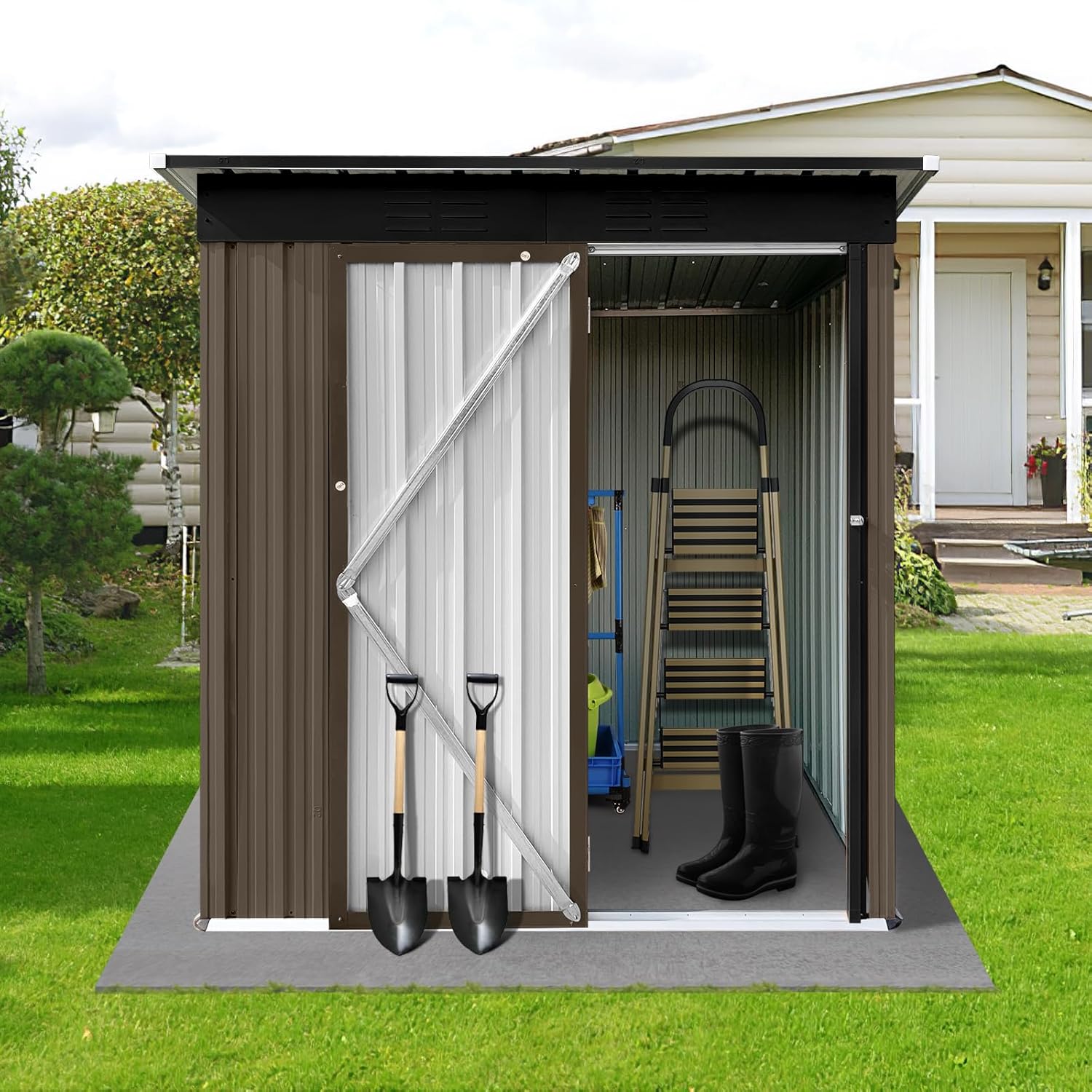 Favfurish 5 X 4 FT Metal Outdoor Storage Shed, Lockable Garden Tool Sheds with Pitched Roof and Shutter Vents, Practical Weatherproof Tool House for Backyard Lawn, Brown + Black