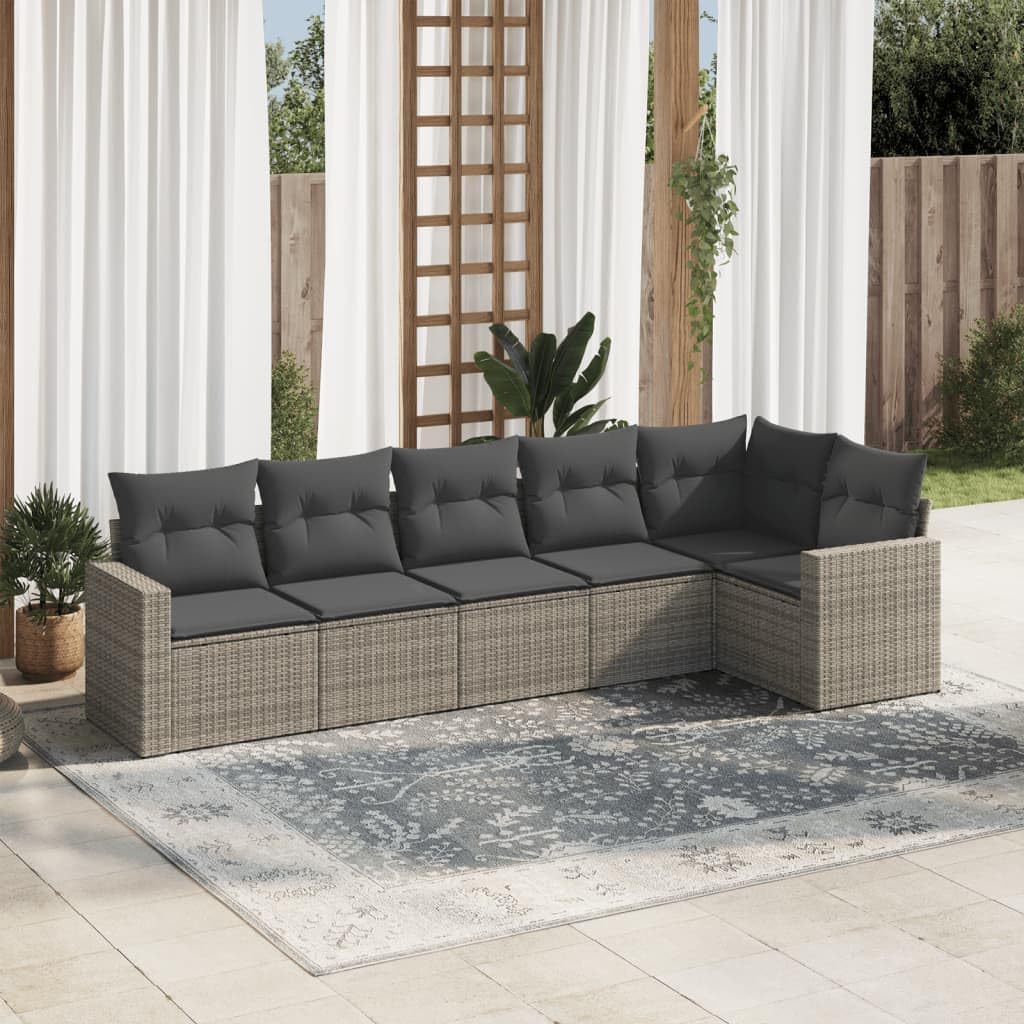 6-Piece Garden Sofa Set Grey, Synthetic Poly Rattan Outdoor Patio Furniture Set with Cushions, Balcony Dining Table Seating for 6 People