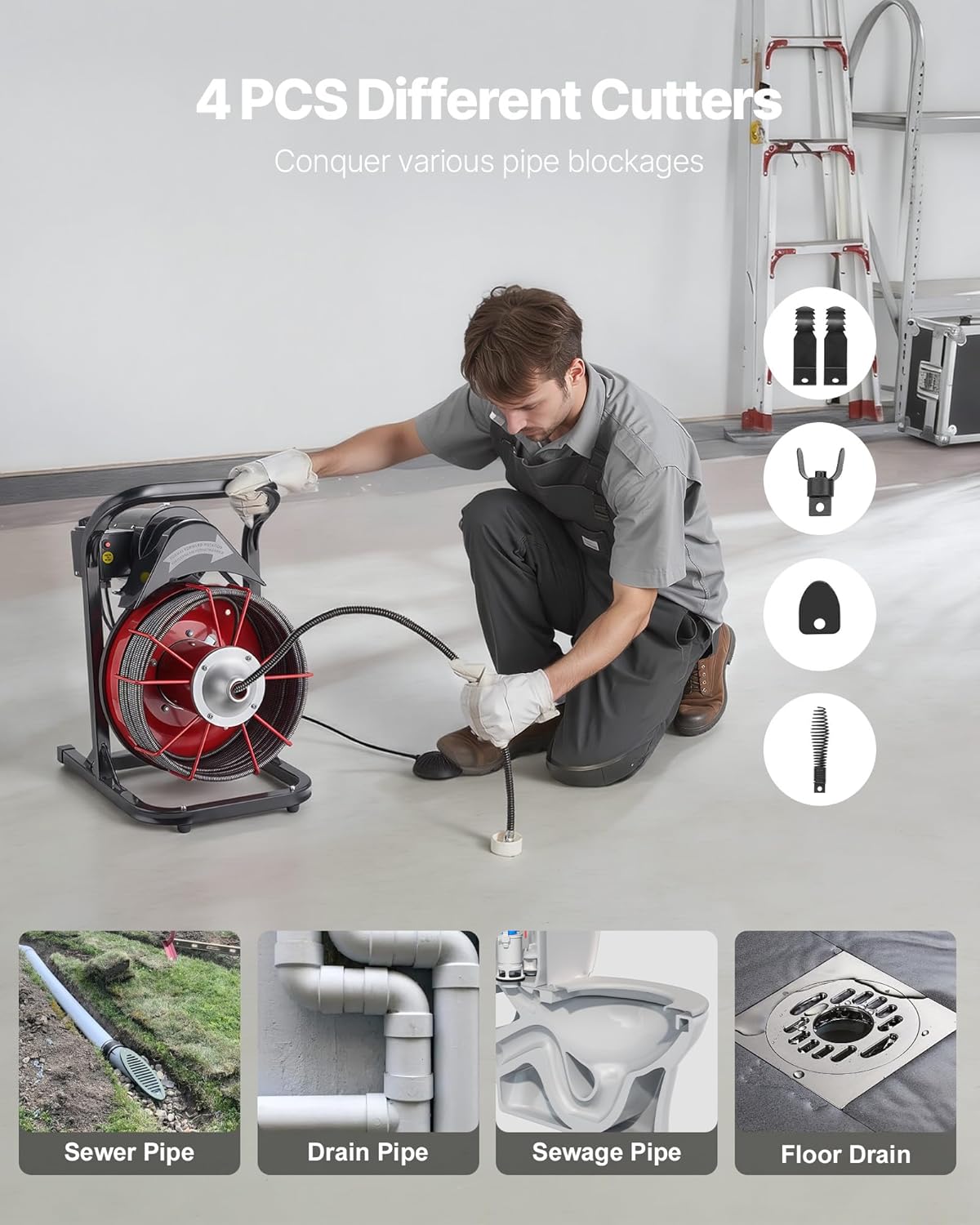 VEVOR Drain Cleaner Machine 75 FT x 1/2 Inch, Sewer Snake Auger Manual Feed with 4 Cutters & Air-activated Foot Switch for 2