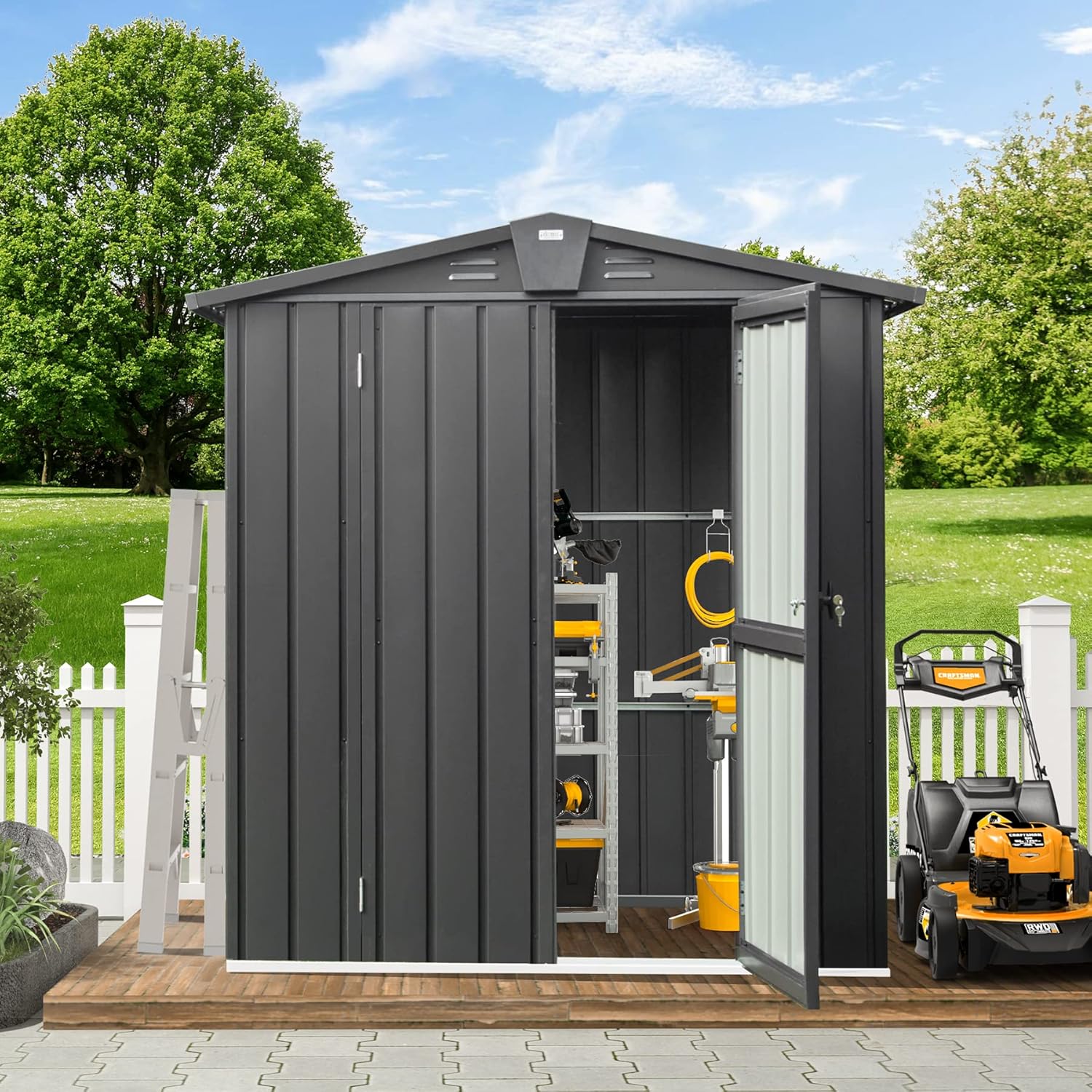 Domi Outdoor Storage Shed 5.7'x 3', Metal Garden Shed for Bike, Trash Can, Tools, Lawn Mowers, Pool Toys, Galvanized Steel Outdoor Storage Cabinet with Lockable Door for Backyard, Patio, Lawn