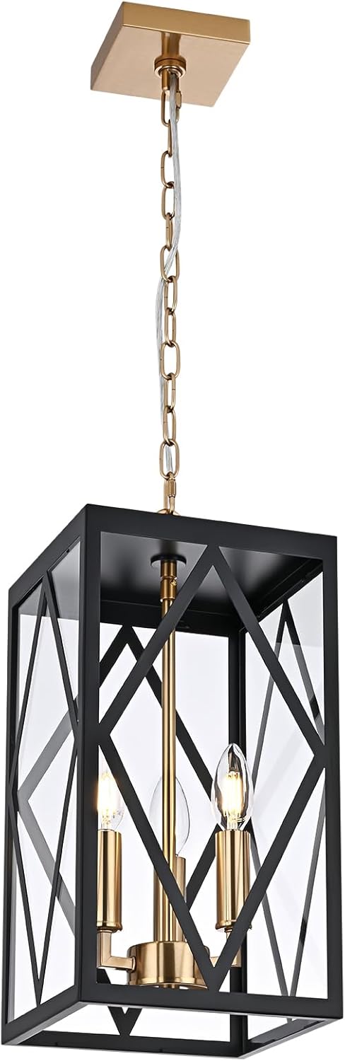 3-Light Outdoor Pendant Lights for Porch 15.7'' Outdoor Chandelier Black & Brushed Brass Exterior Hanging Porch Light Fixtures w/Clear Glass, Waterproof Outside Pendant Lantern for Front Door