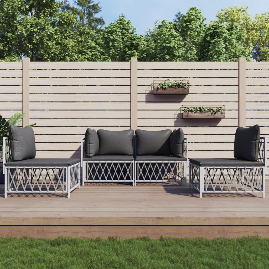 White Woven Fabric Garden Lounge Set, Powder-Coated Steel Patio Furniture, Modular Outdoor Sofa for 4 People, Rectangular Balcony Furniture, Easy Assembly