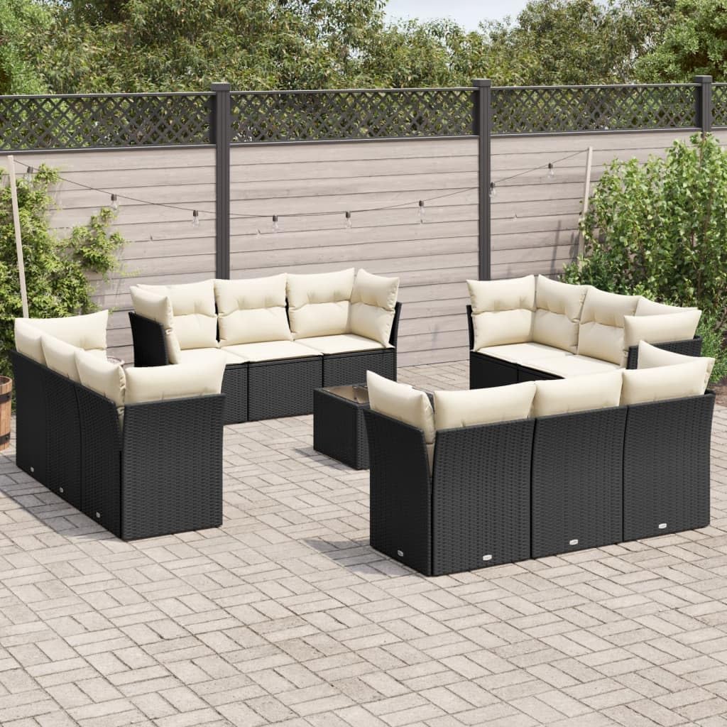 Large Modern Garden Sofa Set Black Cream White 8-Piece Outdoor Patio Furniture with Modular Design Weather-Resistant Poly Rattan and Tempered Glass Table for Terrace