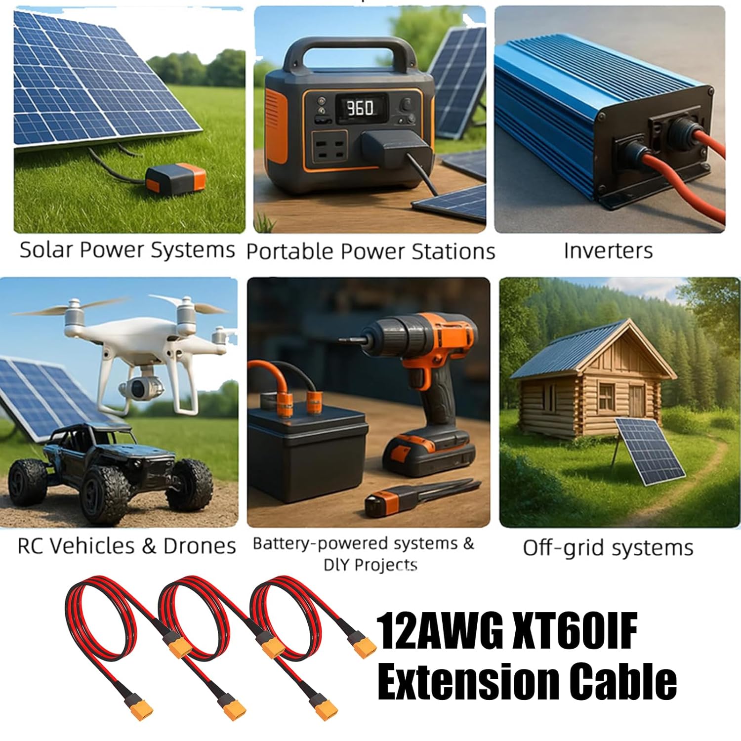 12AWG XT60 Male to Male Extension Cable Energy Storage Cord for Battery Solar Generator Mobile Power Station