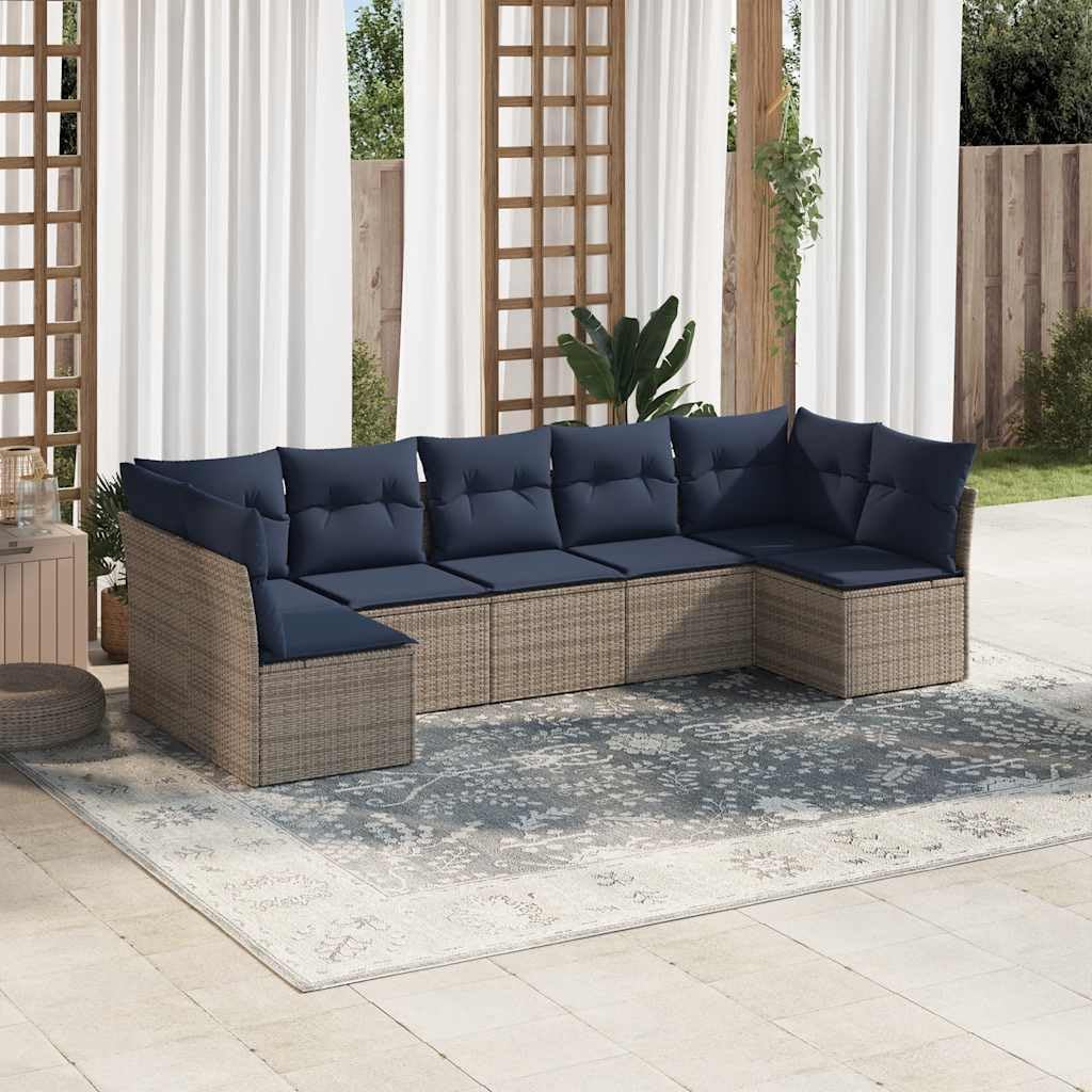 7 Piece Patio Sofa Set, Gray Poly Rattan Outdoor Furniture with Navy Cushions, Modular Design for Backyard, Terrace, Balcony, Weather-Resistant