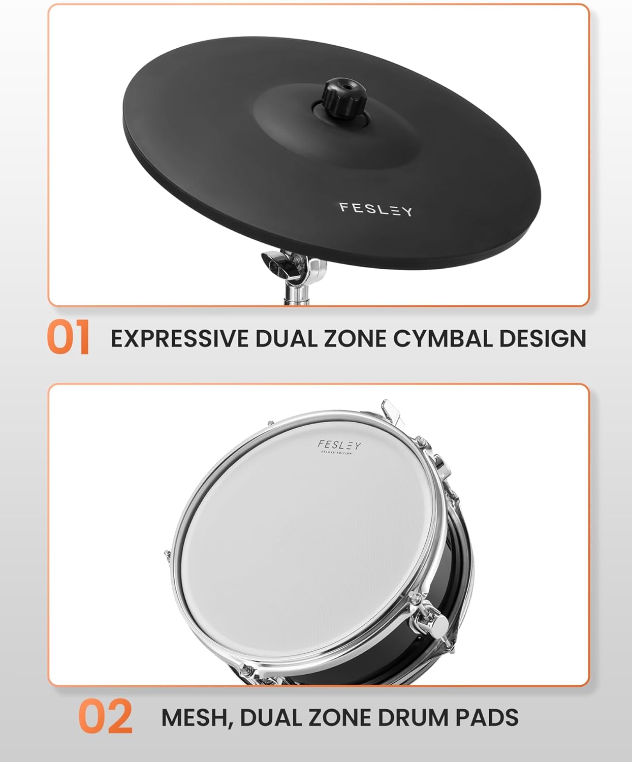 Fesley Electric Drum Set with Independent Kick Snare Drum HiHat Cymbal: Real Sample Sound Source, Bluetooth Electronic Drum Set with Dual Zone Mesh Drum Pad, Dual Zone Cymbal Full Size Adult Drum Set