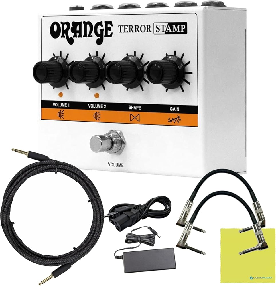 Orange Amps Terror Stamp 20W Hybrid Valve Solid State Guitar Amp Bundle w/Pig Hog Woven Instrument Cable, 2 x Pedal Patch Cables, Power Supply and Liquid Audio Polishing Cloth (6 Items)