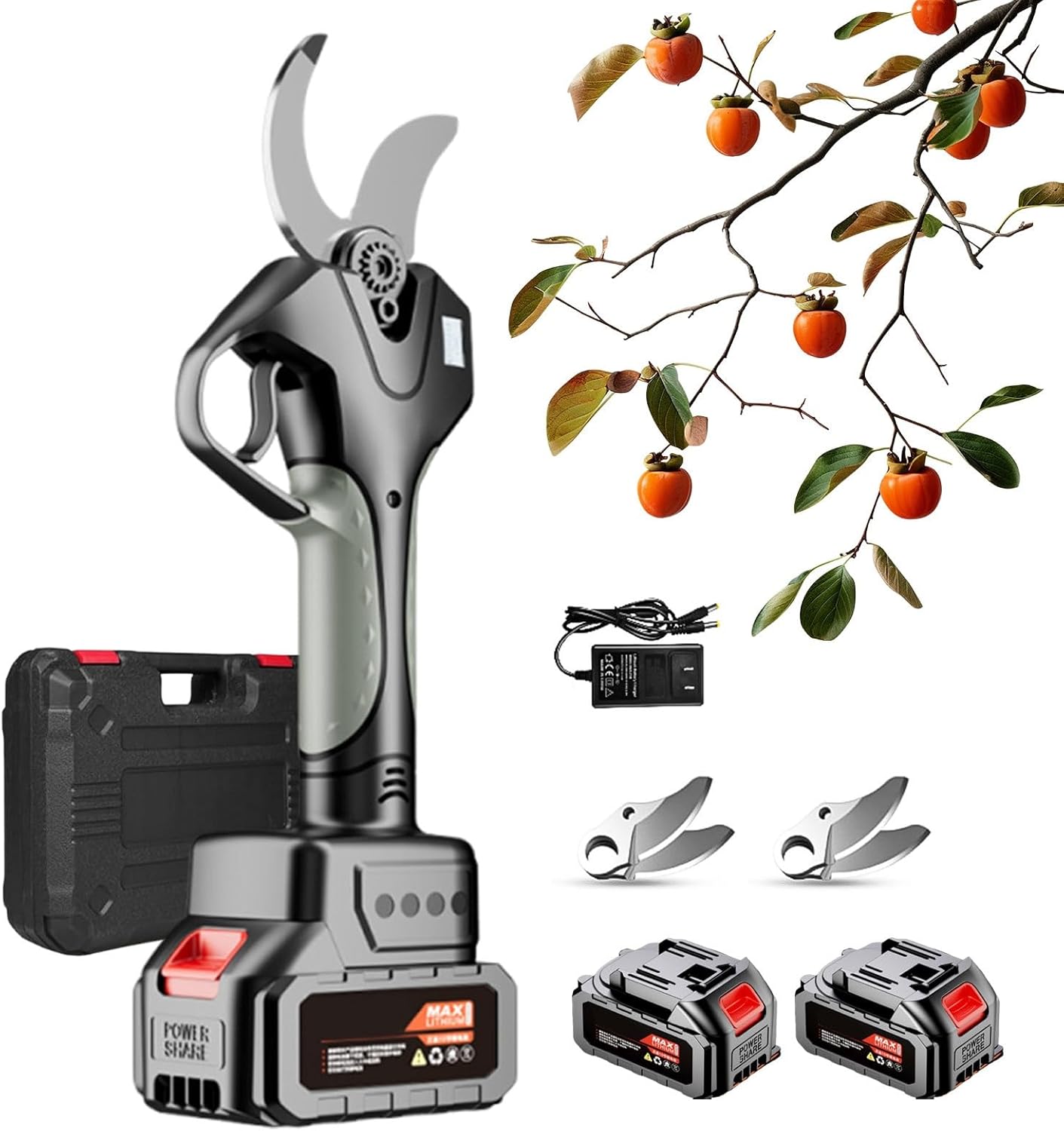 21V Cordless Electric Pruning Shears with Long Handle, SK5 Steel Blade, LCD Display, Dual 4500mAh Battery, 2.1m Telescoping Pole for Orchard & Tree Trimming
