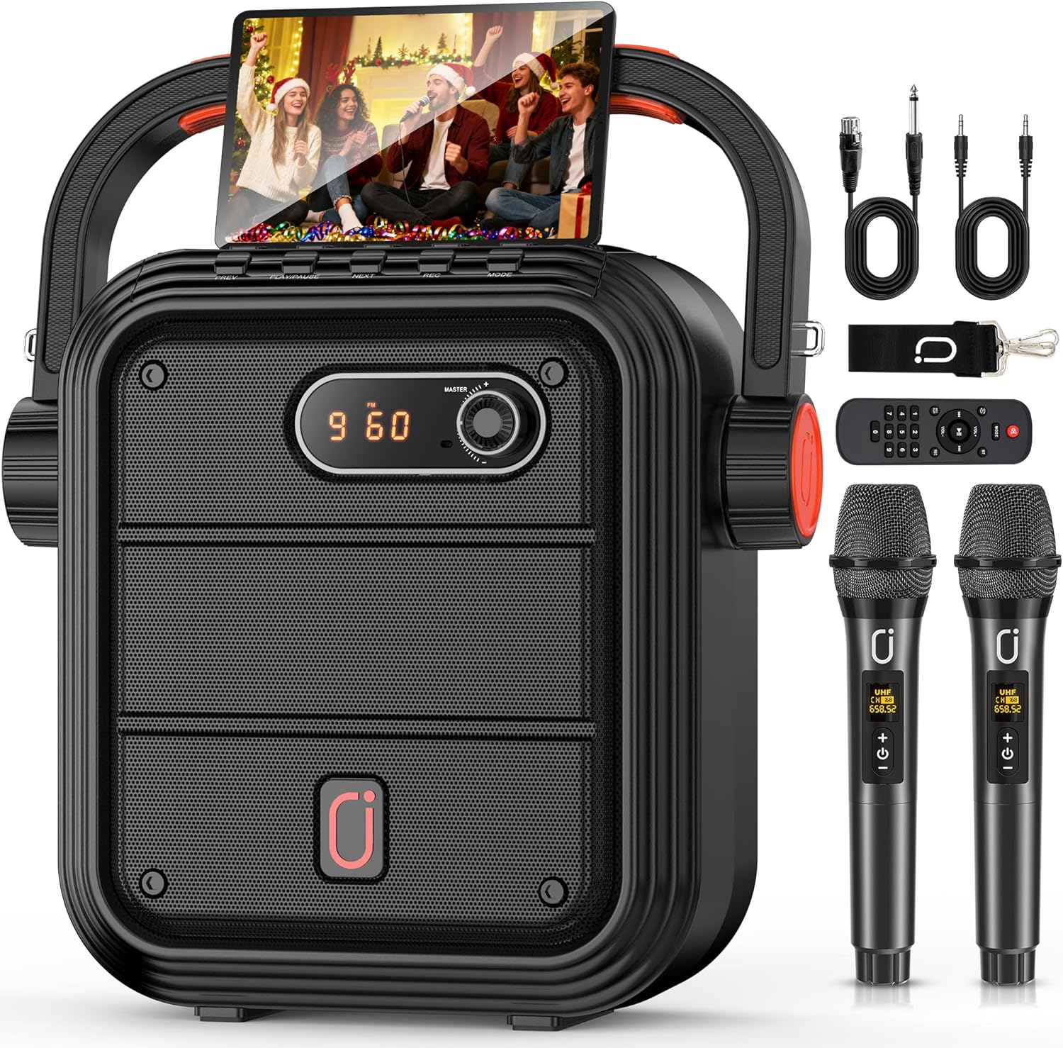 JYX Karaoke Machine with 2 Wireless Microphones, Portable Bluetooth Speaker PA System with Shoulder Strap, Subwoofer Support TWS, USB, Radio, AUX, REC, Bass&Treble for Home Party/Meeting/Adults/Kids