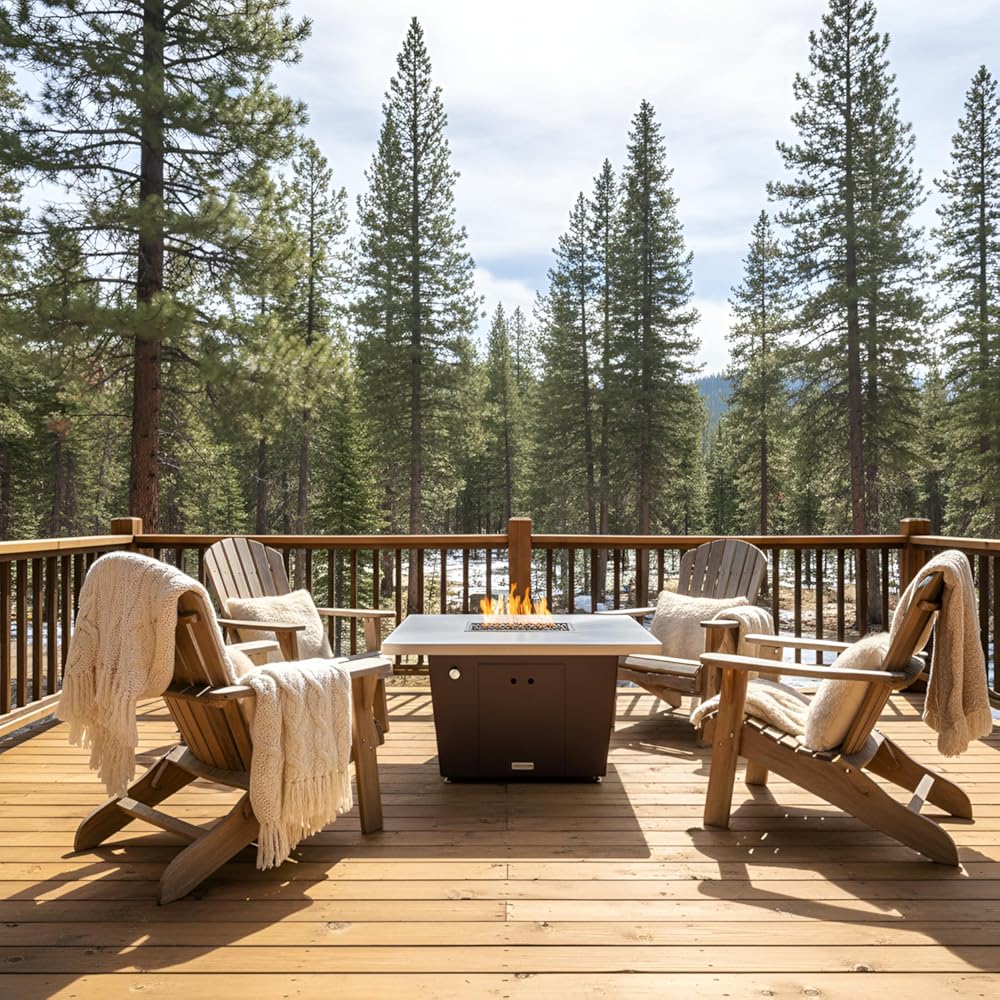 COOKE Palisades Rectangular Fire Pit Table - 44x36 - Chat Height - Propane - Brushed Aluminum Top with 3cm Edge - Dark Cherry Powdercoat Base