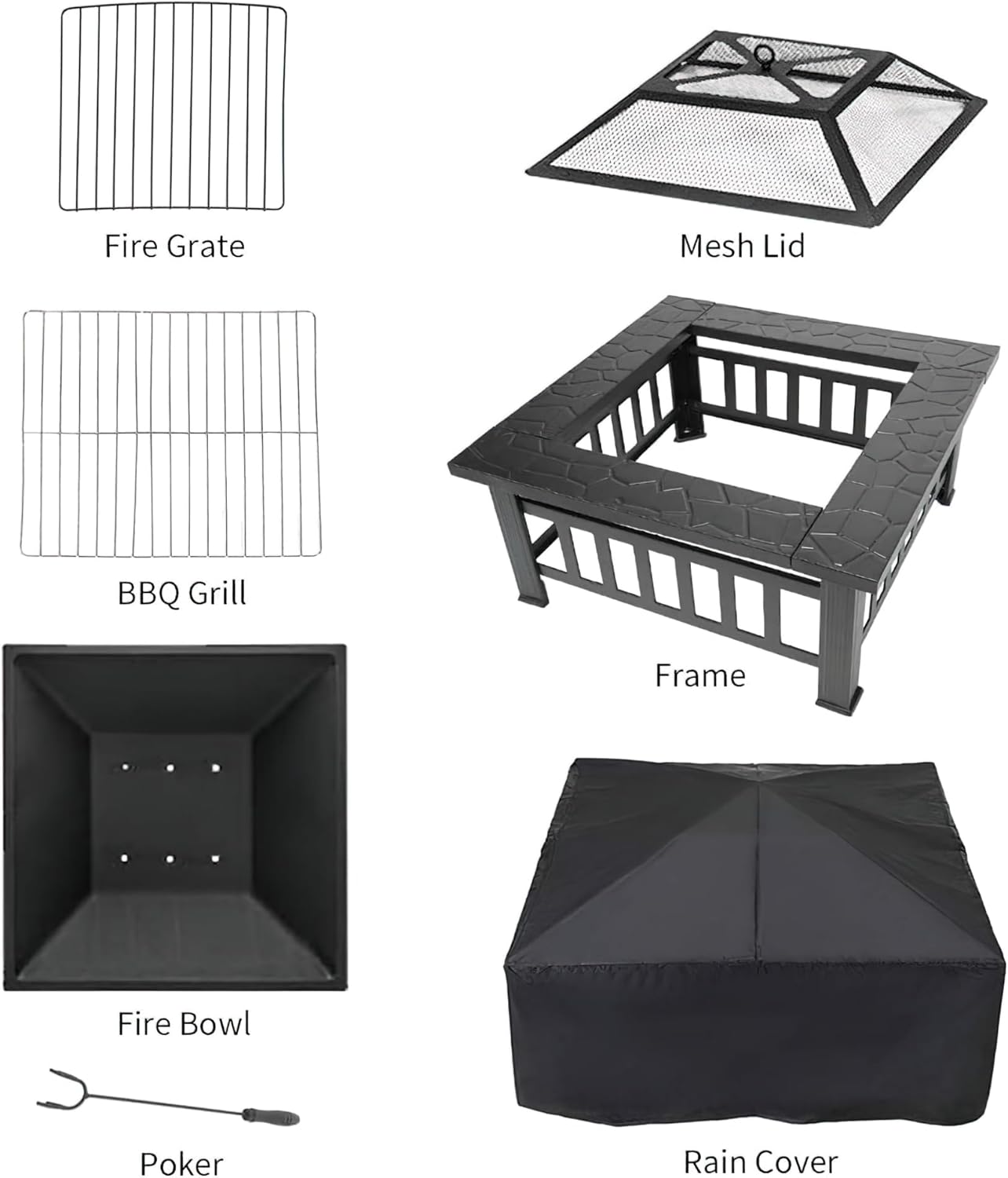 3-in-1 Outdoor Fire Pit with BBQ Grill and Ice Bucket, Square Metal Patio Heater with Decorative Base