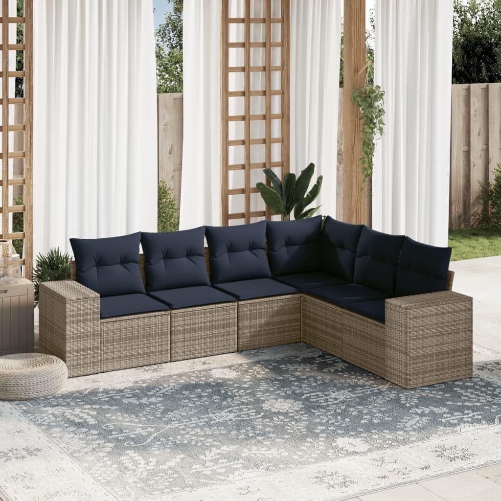 6 Piece Grey Poly Rattan Garden Sofa Set with Cushions, Modular Outdoor Patio Furniture for Backyard, UV-Resistant Seating