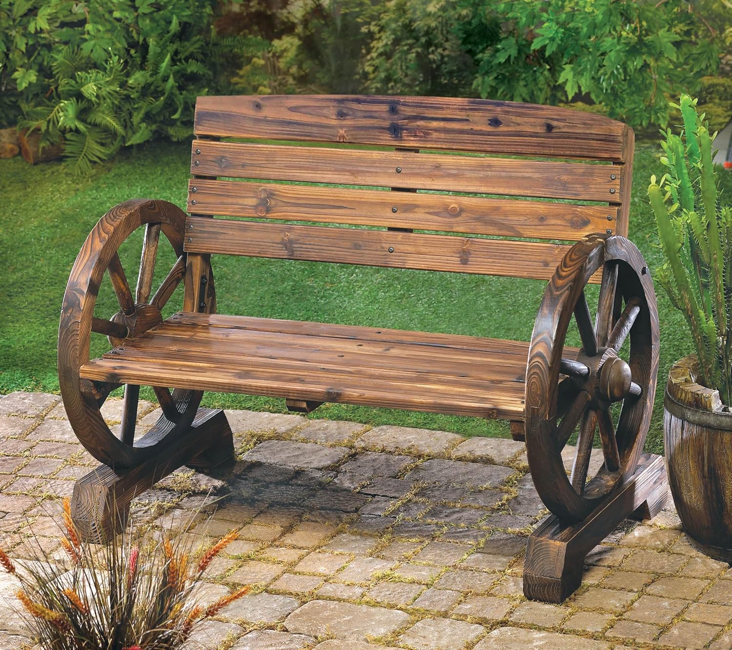 Zingz & Thingz Rustic American Old West Outdoor Home & Garden Wooden Wagon Wheel Bench, 42.25x21x31, Brown