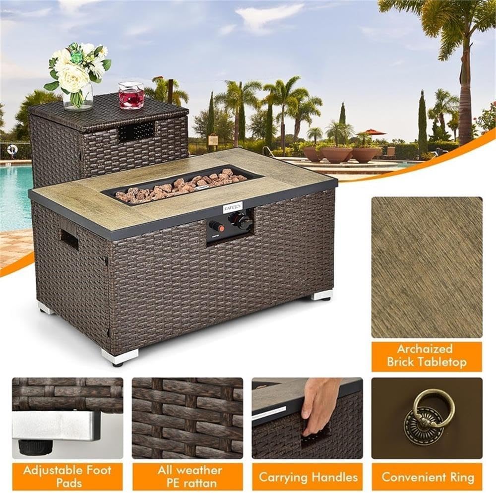 Pemberly Row 32''x 20'' Propane Fire Pit Table Set w/Side Table Tank Brown