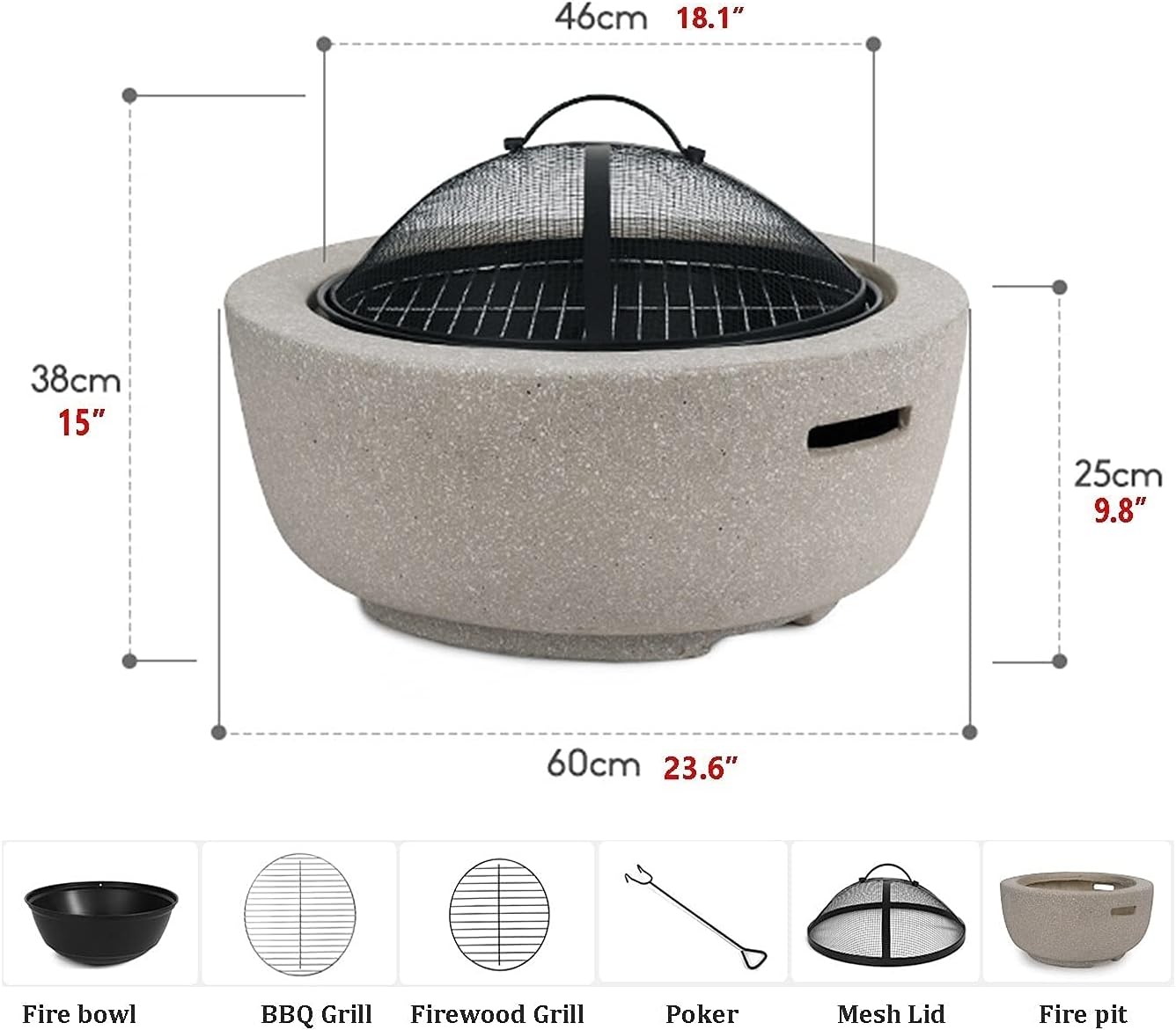 Outdoor Fire Pit Garden Wood Burning Fire Pit BBQ Grill Table - 23“,Outdoor Wood Burning Fire Bowl with Spark Screen Cover