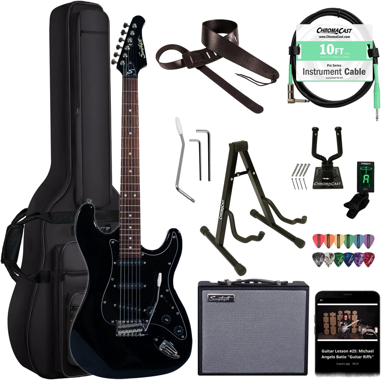 Sawtooth Black ES Series Electric Guitar w/Black Pickguard - Includes: Accessories, Amp & Gig Bag