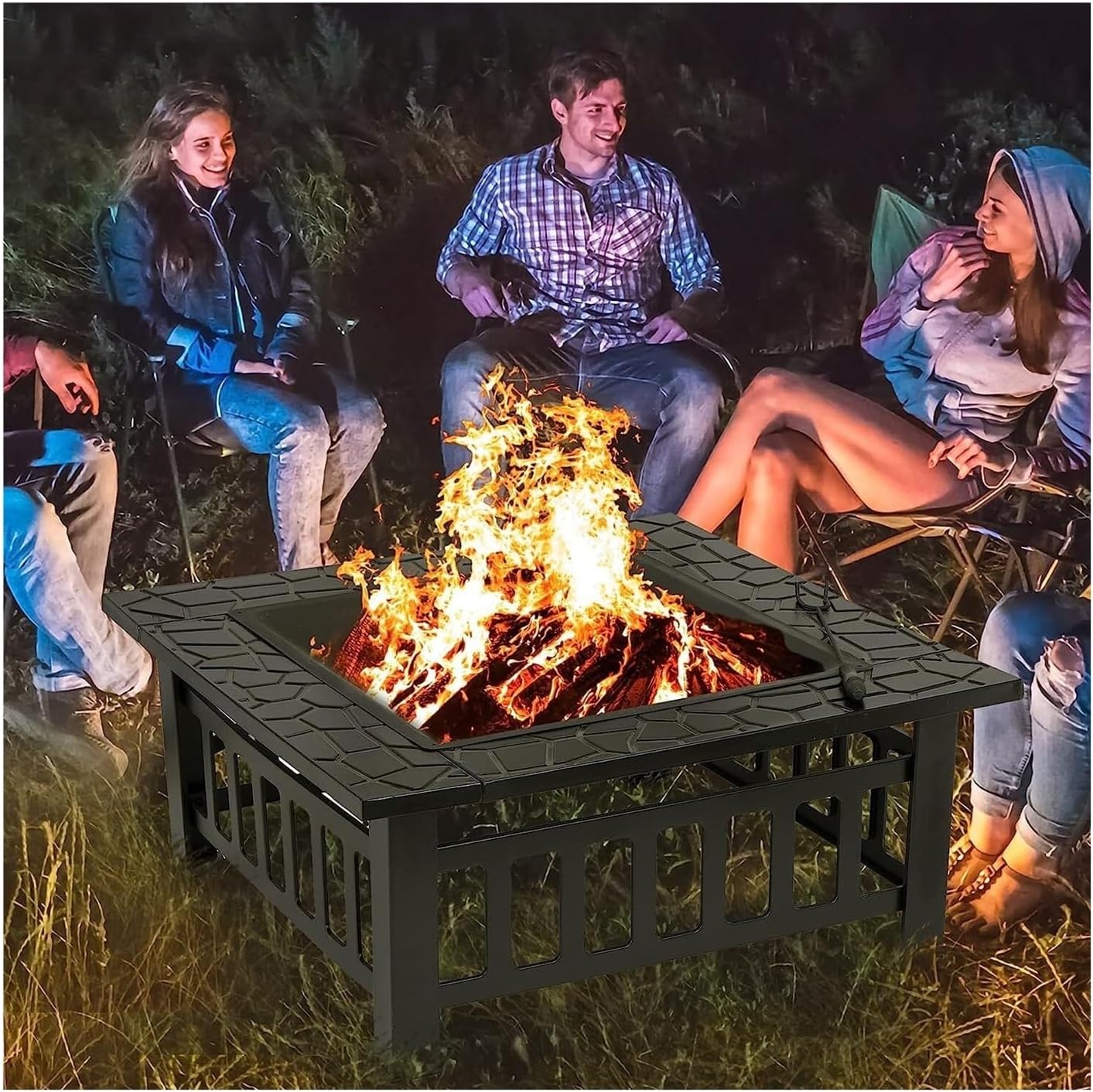 32 Inch Square Metal Fire Pit Table for Outdoor Backyard Patio Garden Multifunctional Fireplace Stove with Cover Applicable to Camping Barbecue Bonfire Picnics
