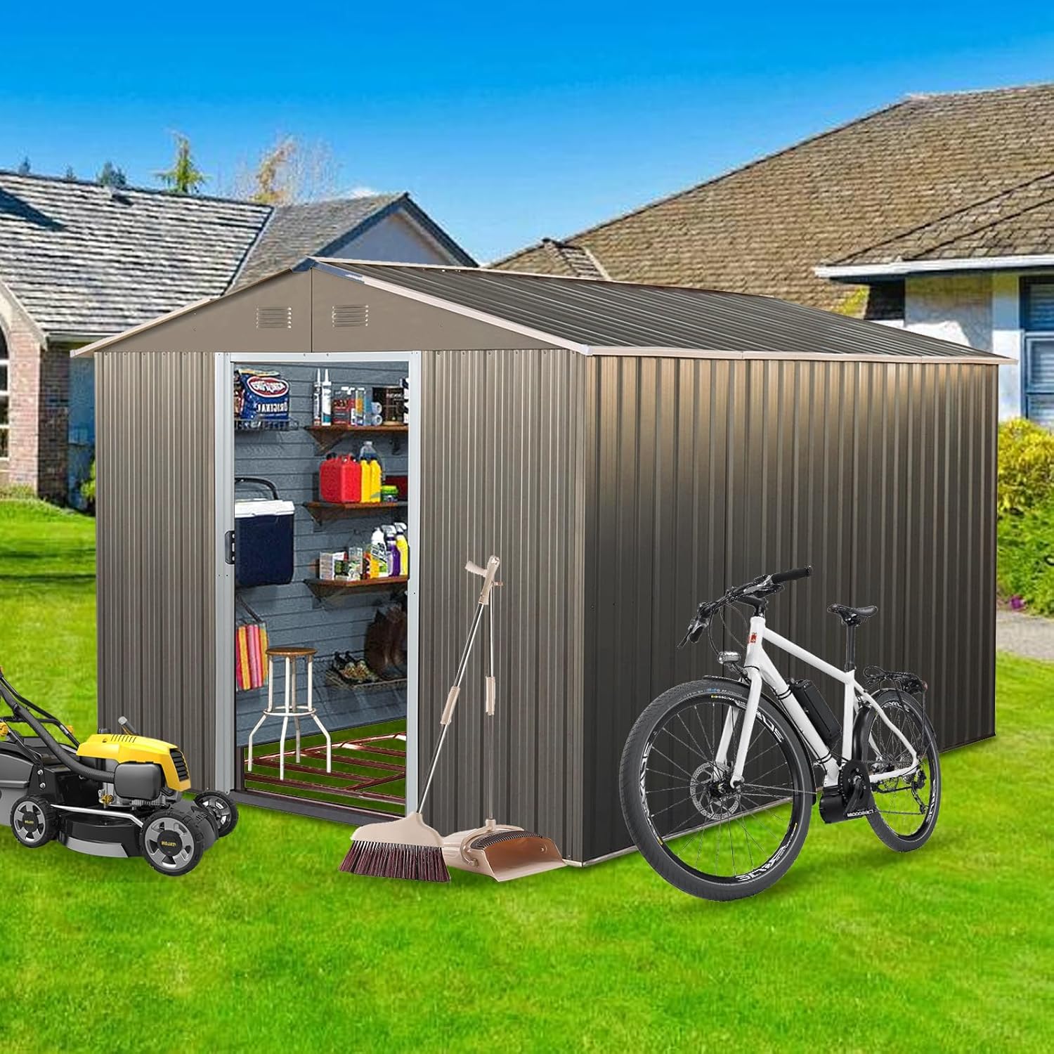 8X10 ft Outdoor Metal Storage Shed with Floor Foundation, Lockable Galvanized Steel Tool Shed with Sliding Door and Air Vent, Waterproof Garden Storage House for Backyard, Patio