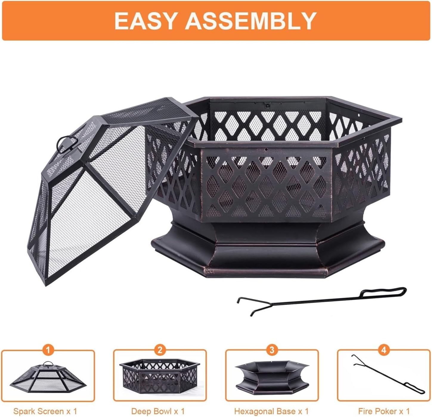 28 Inch Hexagon Wood Burning Fire Pit – Antique Bronze Outdoor Firepit with 360° Flame View for Patio, Backyard, and Camping(33 Inch)