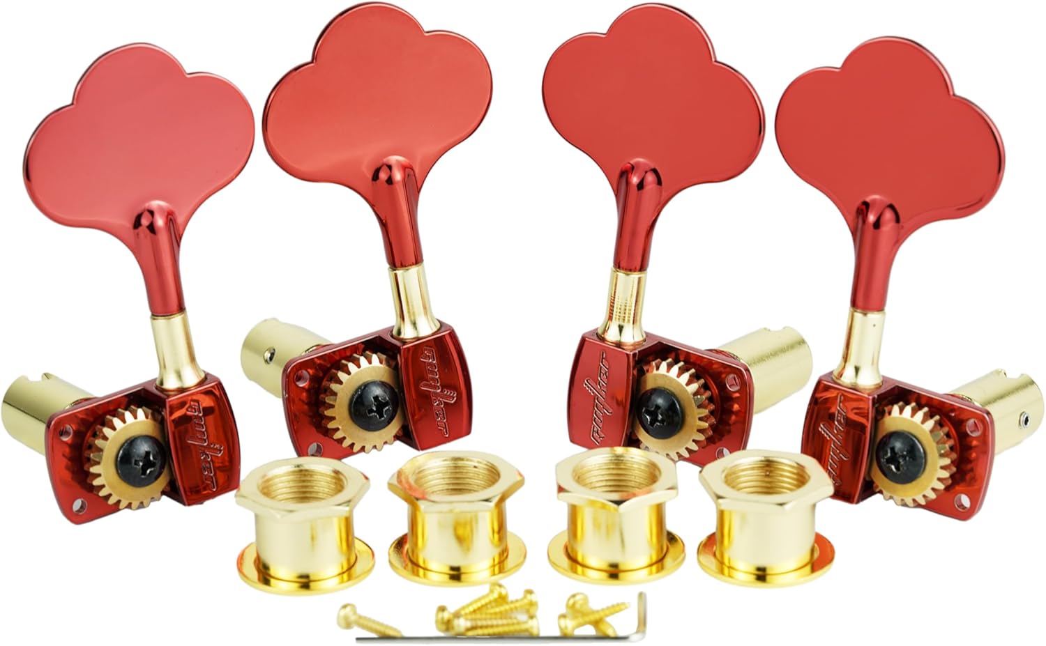 Guyker Bass Tuners (2R + 2L) - 1:22 Ratio Gear Open Frame Bass Drop Locking Machine Head Tuning Key Pegs Replacement for Electric Jazz Guitar Bass or Precision Instruments, BB101 Red