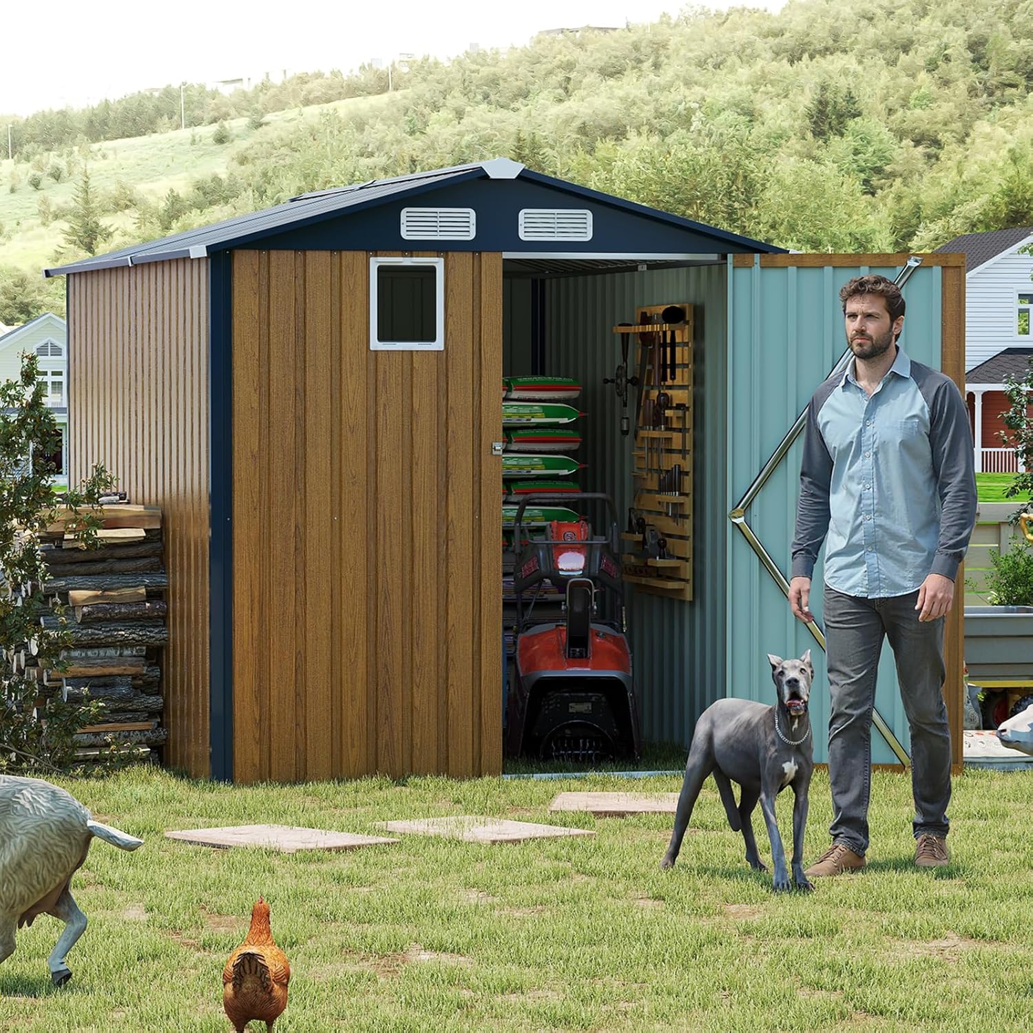 6x8FT Metal Outdoor Storage Shed, Storage Building, Tiny House & Outside Storage, Steel Garden Tool Shed with Lockable Doors for Backyard & Bikes (Yellow)