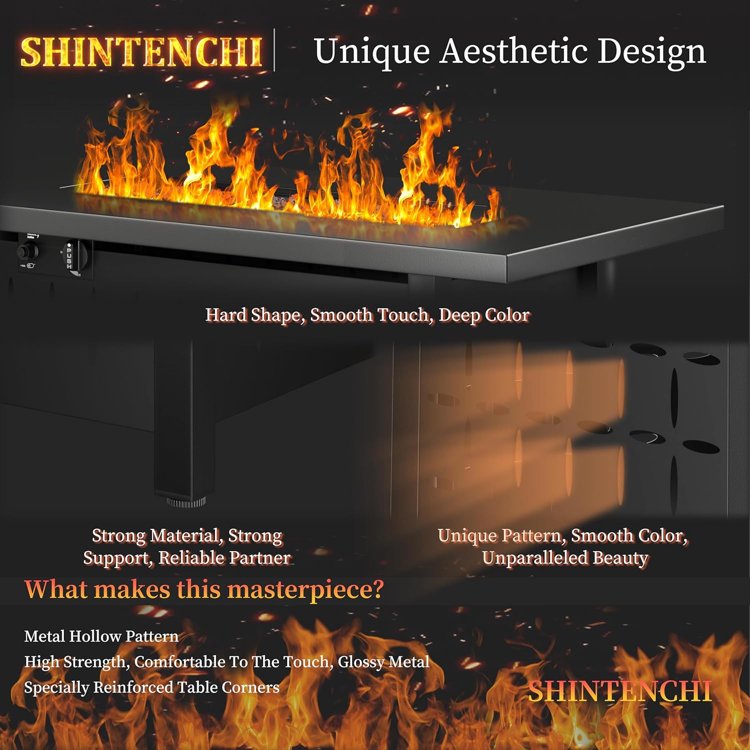 Shintenchi 43 Inch Outdoor Propane Fire Pit, 50,000 BTU Outdoor Fire Table, CSA-Certified Steel Propane Fire Pit with Lid and Lava Rock for Garden, Yard, Camping, Pool Use, Black