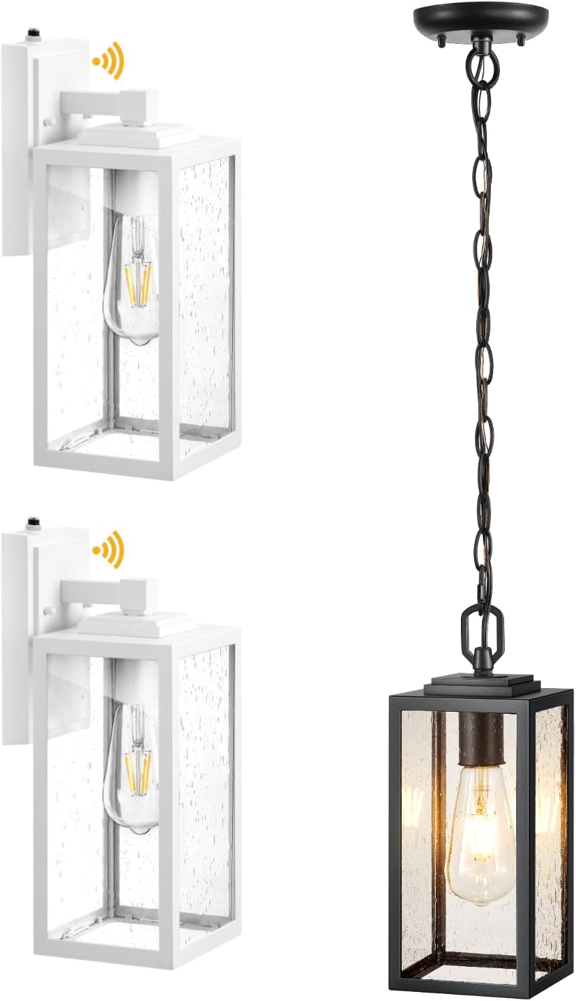 VIANIS Large Dawn to Dusk Outdoor Light Fixture Lamps, White Exterior Lighting Wall Mount Sconce, Outdoor Hanging Lights for Front Porch, Exterior Pendant Light Fixture with Anti-Rust Adjustable Chain
