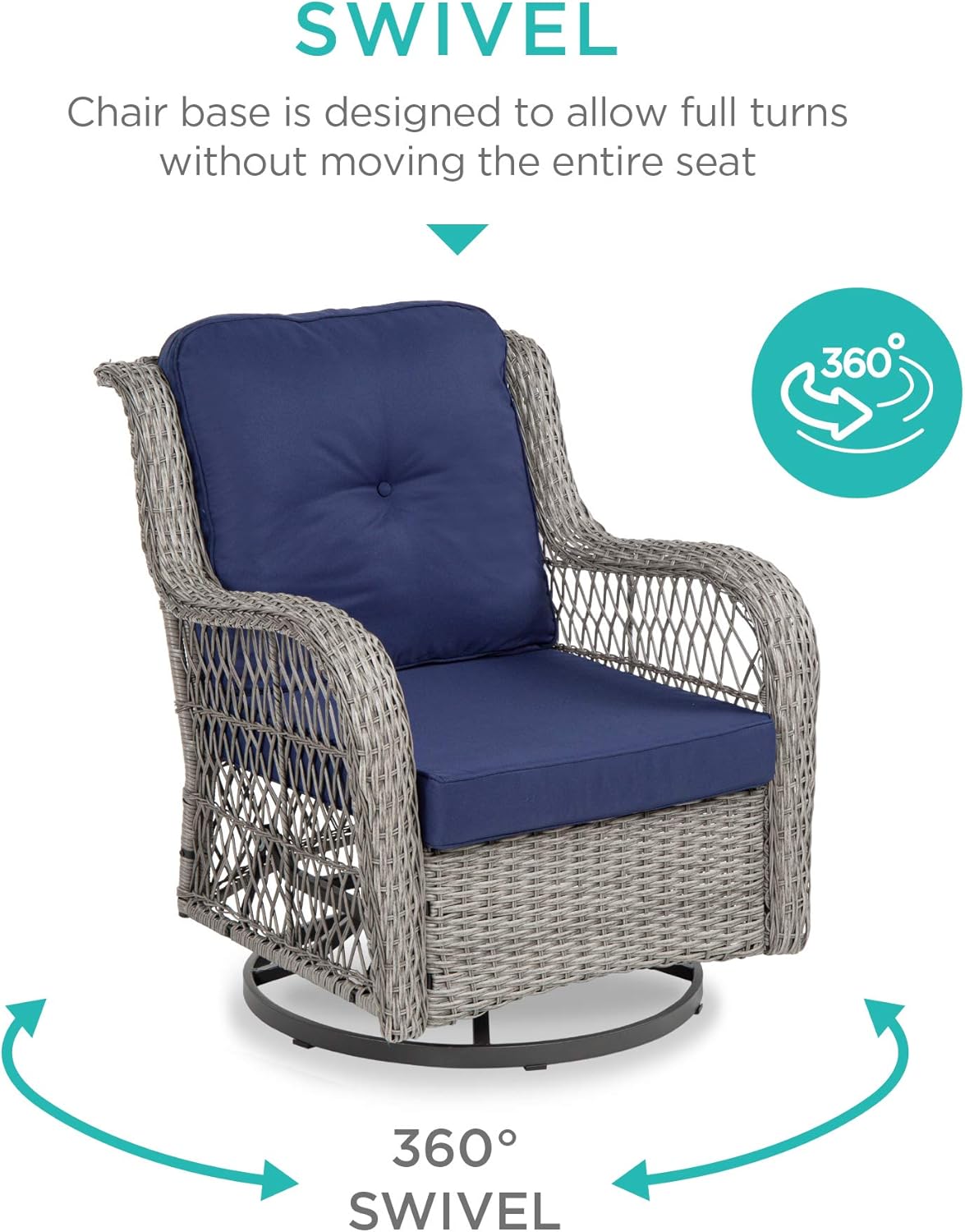 Best Choice Products 3-Piece Outdoor Wicker Patio Bistro Set w/ 2 360-Degree Swivel Rocking Chairs and Tempered Glass Top Side Table - Navy