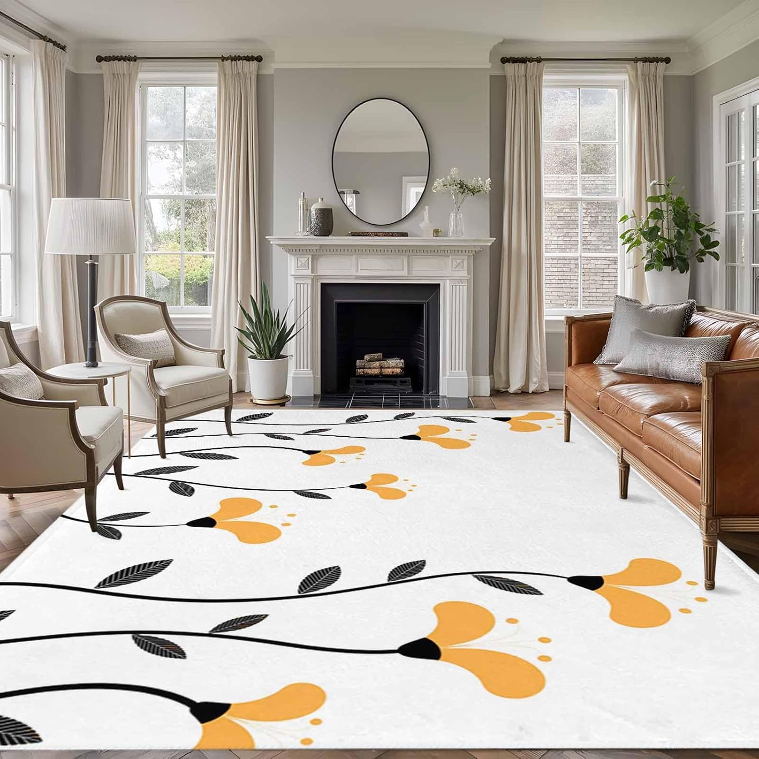 Large Area Rug 8'x10',Spring Flowers Non-Slip Runner Carpet for Living Room/Bedroom/Office,Modern Simple Floral Plants Lines Art Outdoor Indoor Rectangle Area Rug Floor Mat for Kitchen/Dining Room