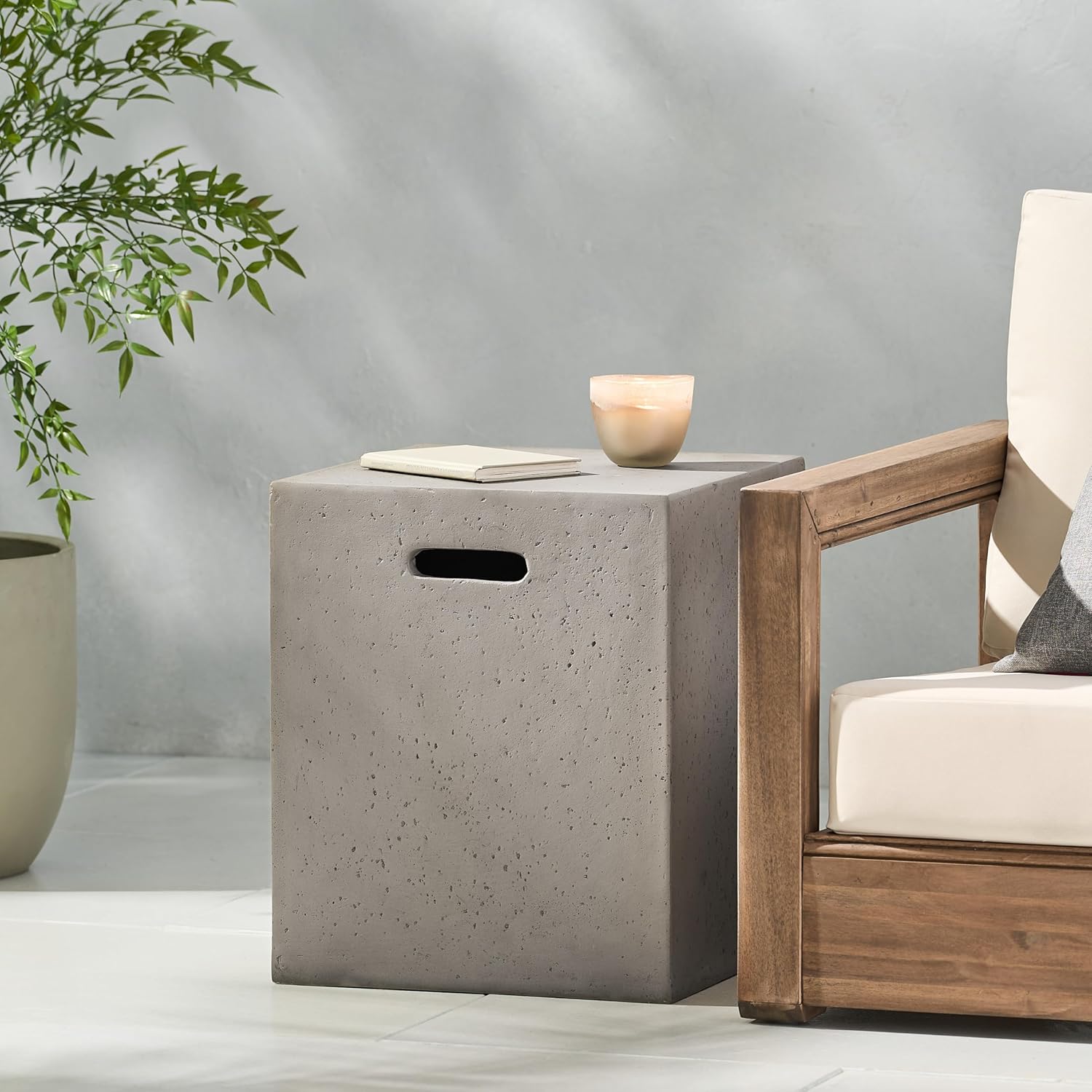 Propane Tank Cover Table for Fire Pits, 20 LB MGO Propane Tank Holder with Side Handles, Outdoor Tank Storage Side Table for Patio, Gas Griddle, Light Gray