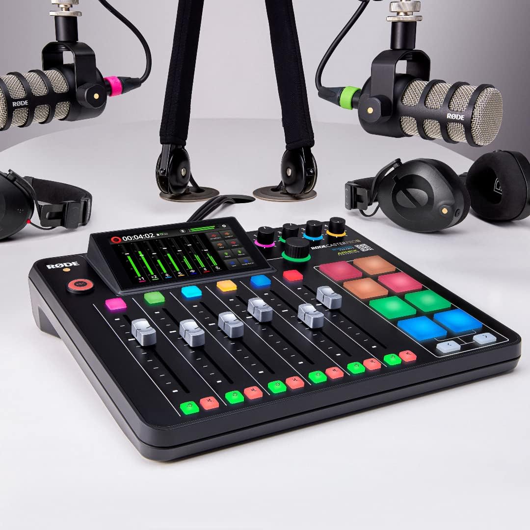 Rode RODECaster Pro II Integrated Audio Production Console with Rode PodMic, NTH-100 Studio Headphones, DS1 Microphone Stand, 32GB microSD Card, XLR Cable and StreamEye Cloth