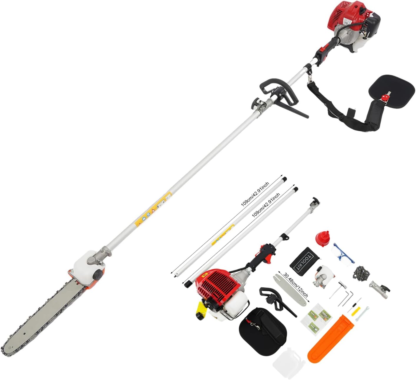 2-Stroke Pole Saws for Tree Trimming, 43CC 1.7HP Gas Powered Pole Saws with 7.87-11.48ft Extendable Pole, Long Single-cylinder Gasoline Engine Pruning Chain Saw for Gardens, Parks, Green Spaces