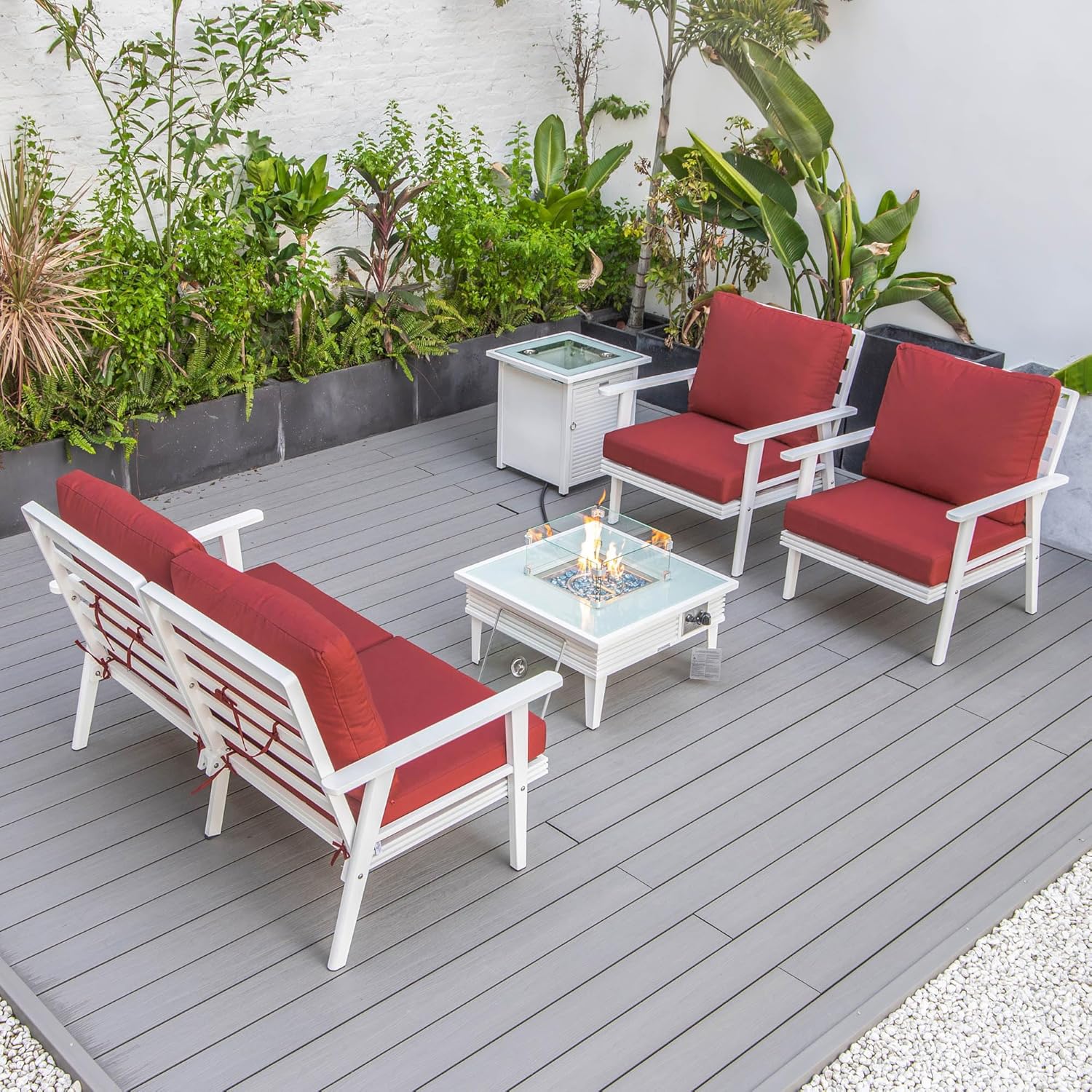 LeisureMod Walbrooke Modern Aluminum 5-Piece Patio Conversation Set with Outdoor Square Fire Pit Slats Design & Side Table Tank Holder, Red