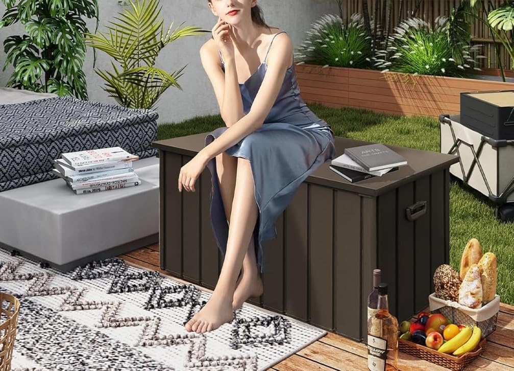 190 Gallon Waterproof Galvanized Steel Deck Box-Lockable Outdoor Storage Box & Outdoor Waterproof Storage Cabinet for Patio,Pool,Backyard.Storage Deck Box with Furniture Compatibility (Dark Brown)