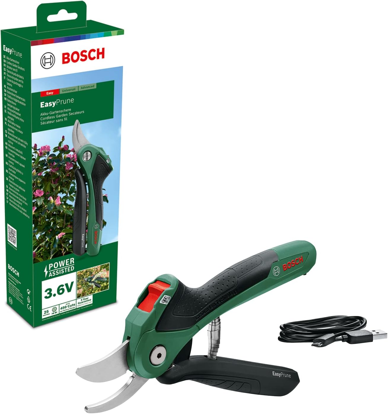 Bosch EasyPrune Cordless Secateurs (Integrated 3.6 Volt Battery, 450 Cuts per Battery Charge, Rechargeable via Micro USB Cable, in Box)