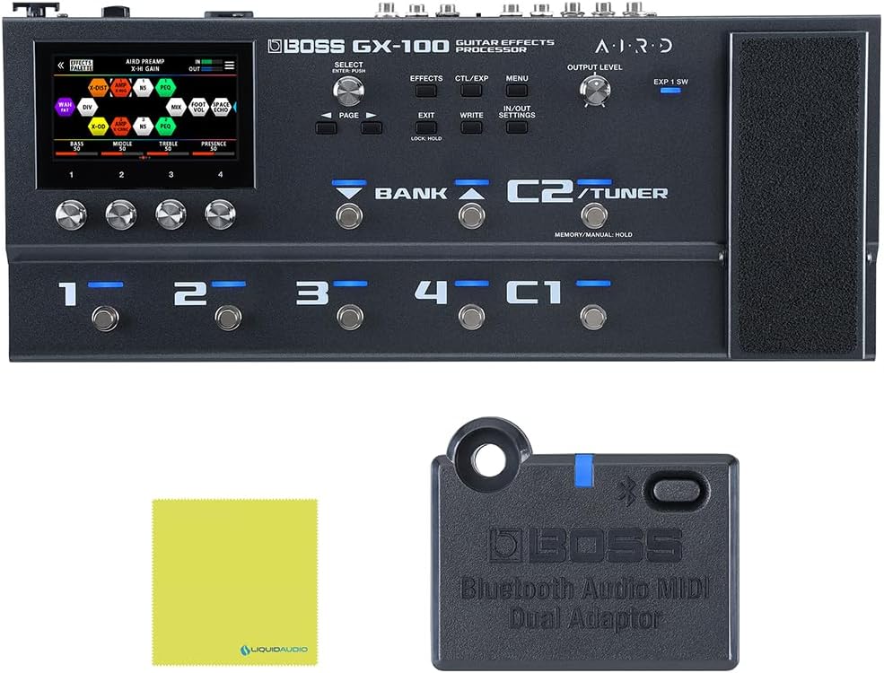 Boss GX-100 Guitar Effects Processor Pedal Bundle w/Boss BT-DUAL Bluetooth® Audio MIDI Dual Adaptor and Liquid Audio Polishing Cloth