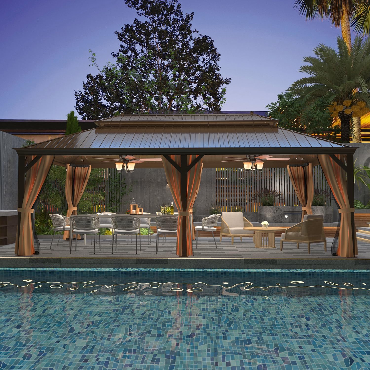 YOLENY 12'x22' Hardtop Gazebo, Galvanized Steel Double Roof Canopy with Aluminum Frame Permanent Metal Pavilion with Netting and Curtains for Patio Backyard Deck and Lawns