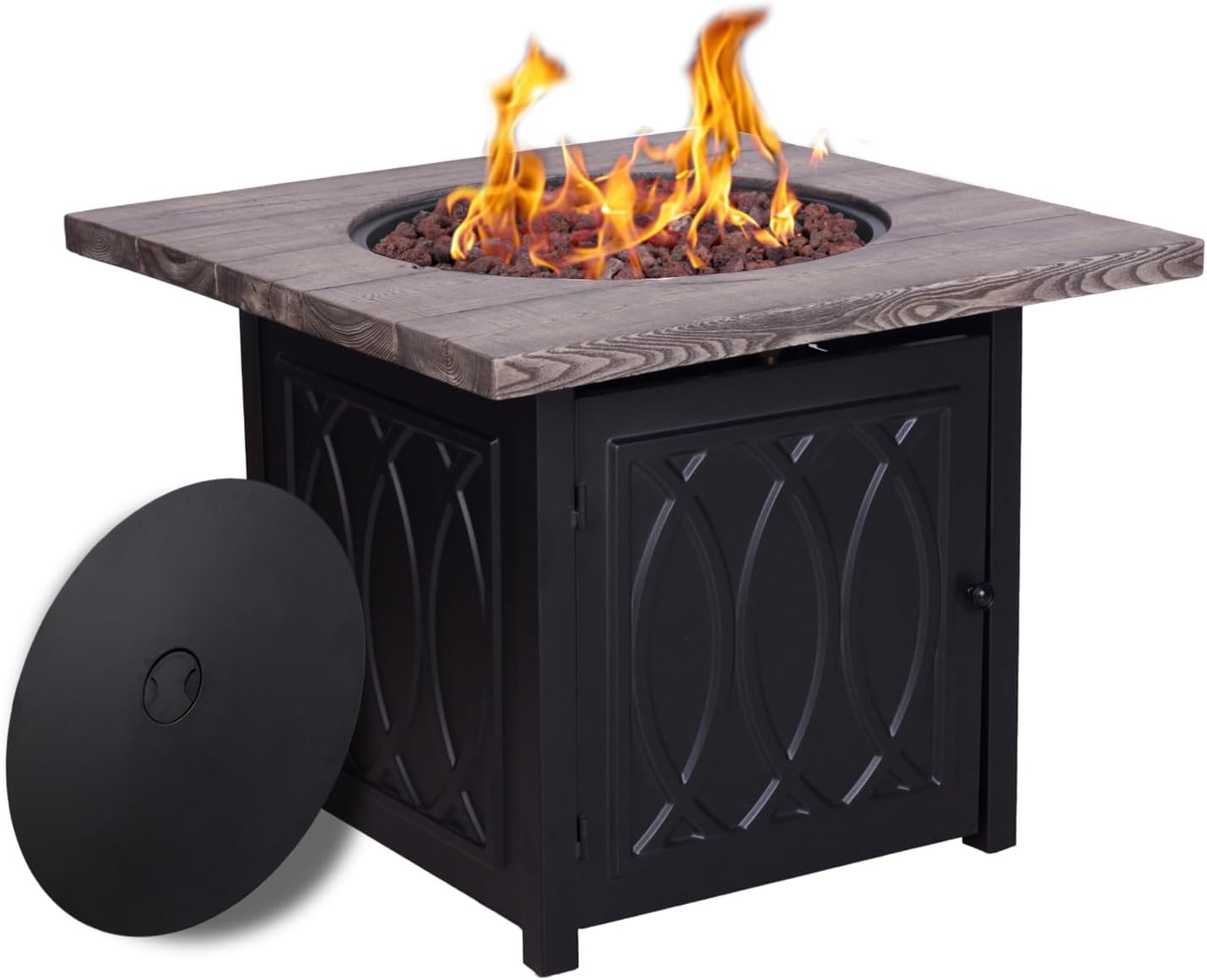 Faux Woodgrain Table top and Steel Base Propane Outdoor Fire Pit Table with Lid