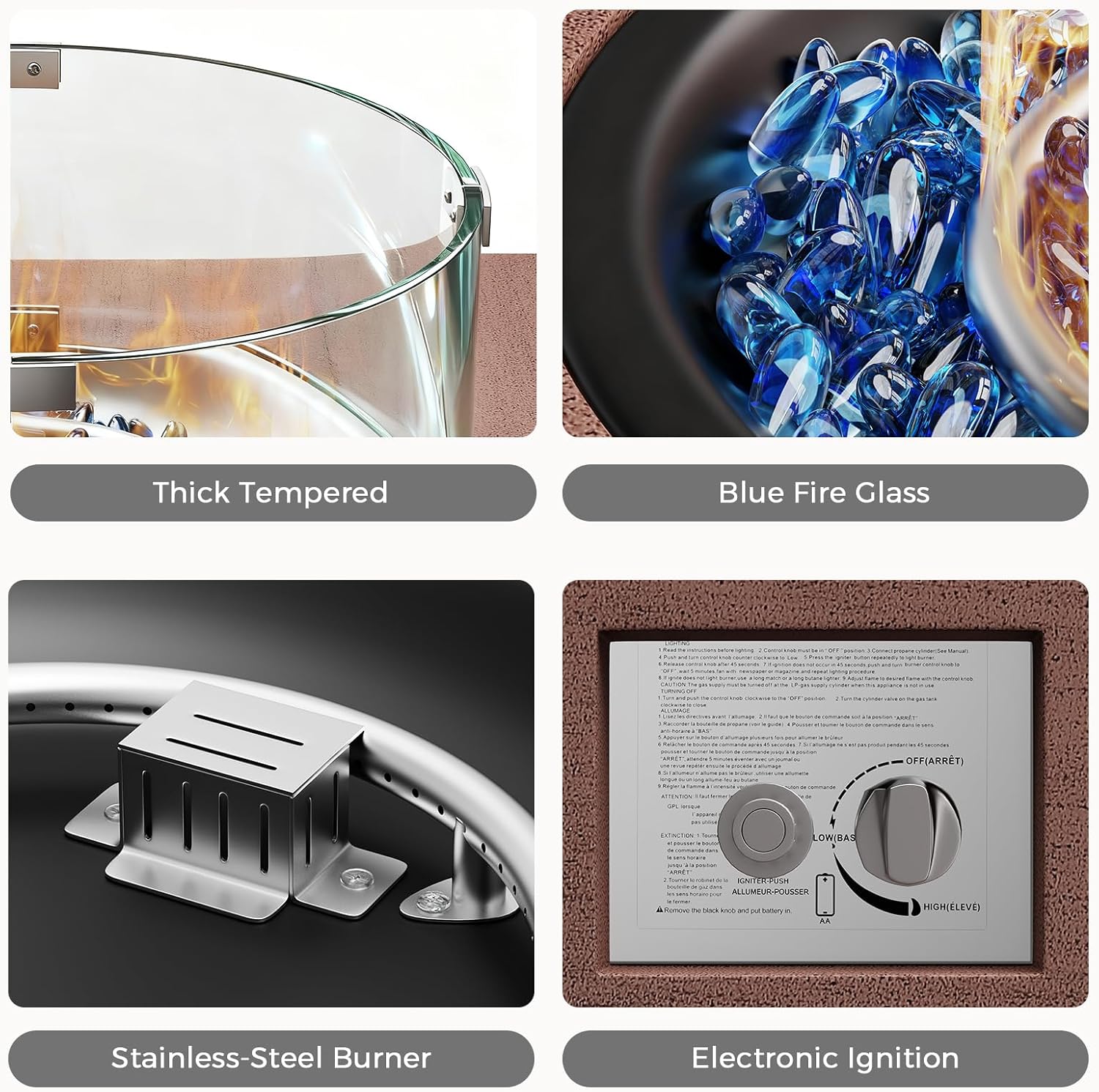 28 Inch Fire Pit Table Propane Fire Pit 40,000 BTU Gas Fire Pits 2-Piece With Tank Table Wind Guard Glass Rocks Protective Cover For Outside Patio Outdoor Backyard Deck Balcony, CSA Certified