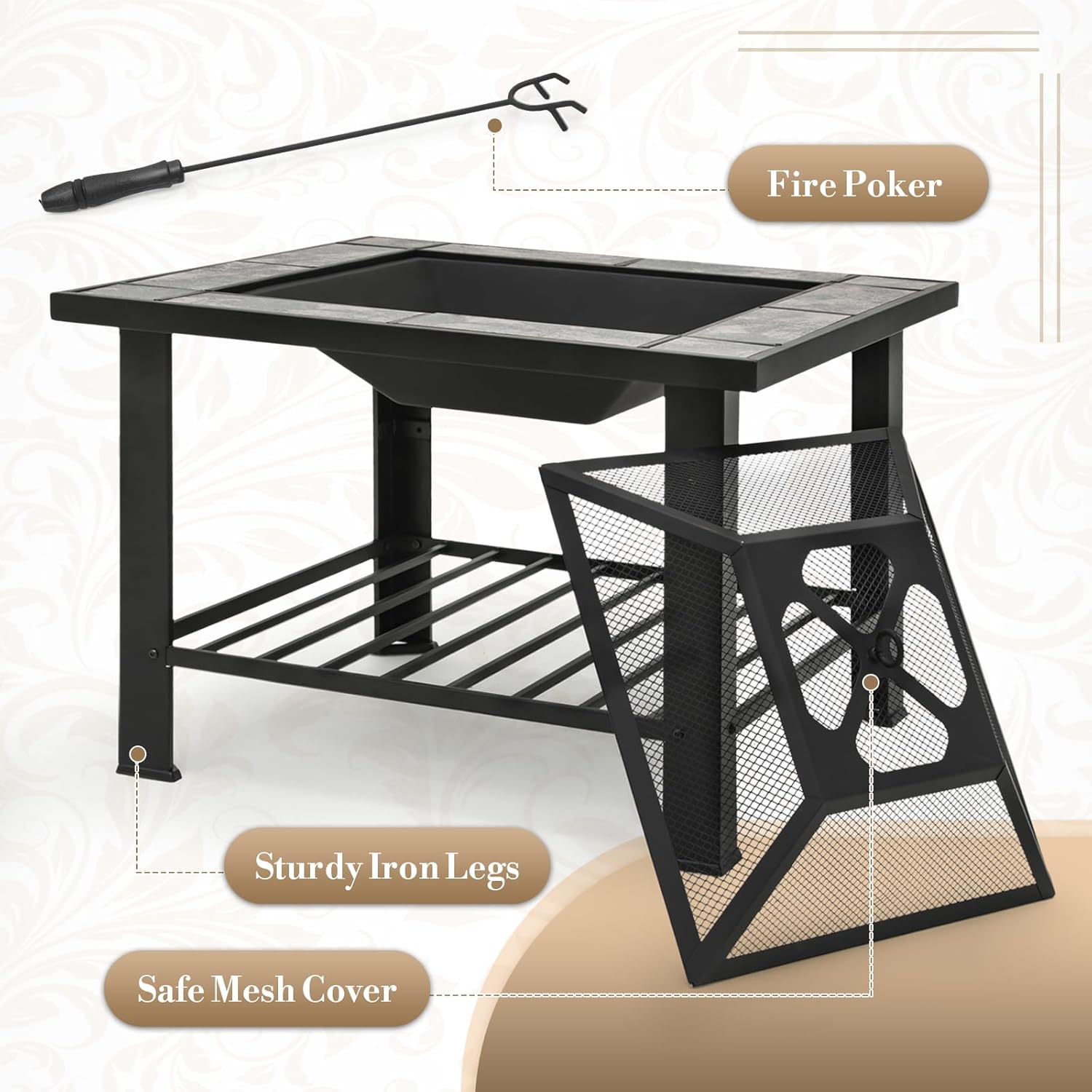 Athena Collection 30 in Patio Fire Pit Table, 3 in 1 Multiuse Square Iron Large Wood Burning Firepit Table Outdoor Fireplace with Spark Screen Log Grate Poker for Outside Heating Camping BBQ Bonfire